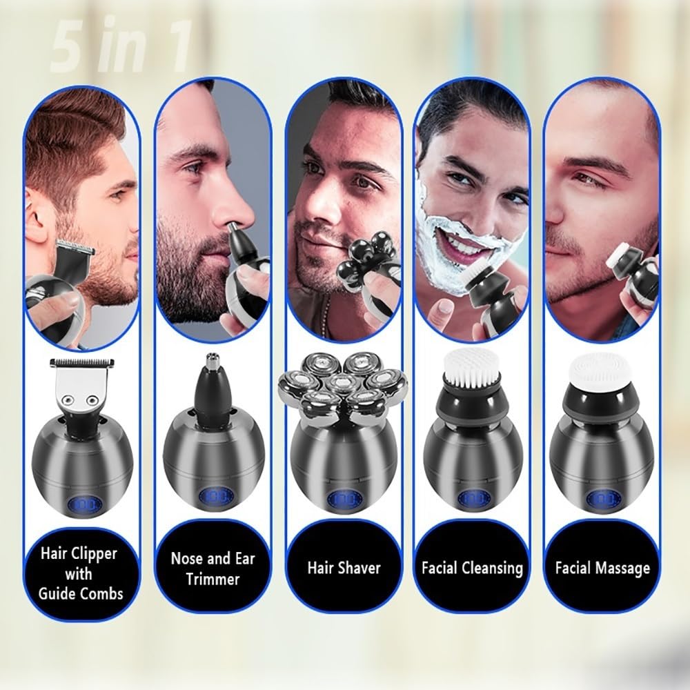Rechargeable 5-in-1 Electric Head Shaver for Men - Multi Grooming Kit with Beard Trimmer, Body Shaver & Facial Razor | Perfect for Travel, Home Use & Grooming Gifts for Men