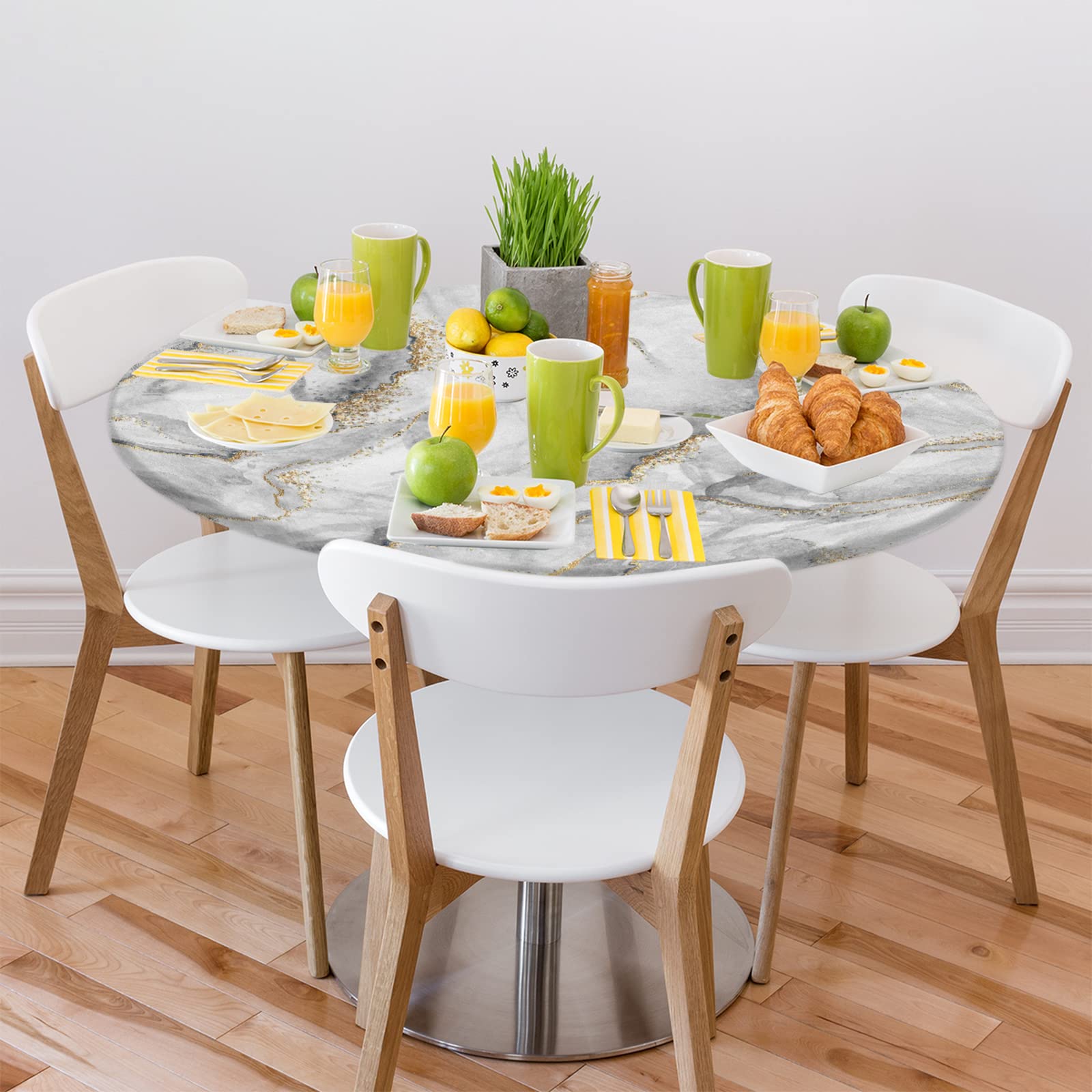 Waterproof White Grey Marble Round Tablecloth with Elastic Edge - Wipeable Fitted Table Cover for Dining, Kitchen, Party (45