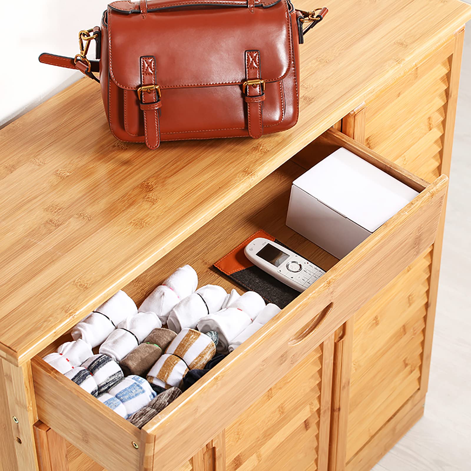 Bamboo Shoe Storage Cabinet with Doors - Rustic Entryway Shoe Organizer for Hallway, Closet & Bedroom Organization