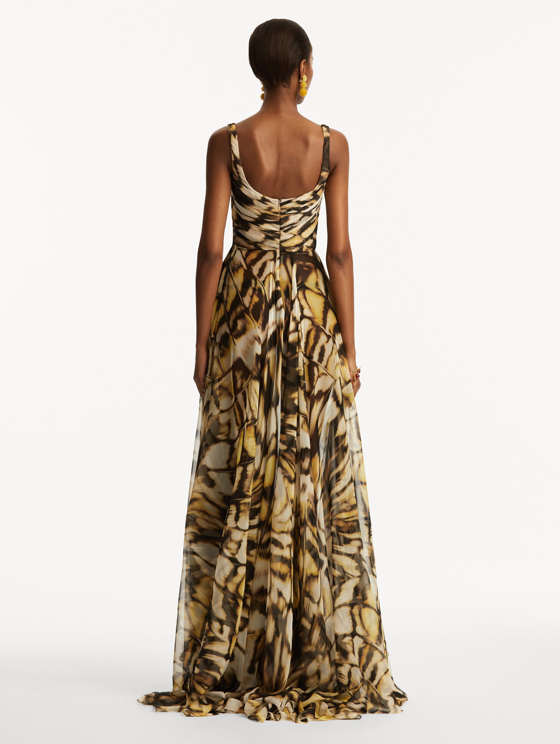 Elegant Abstract Butterfly Silk Chiffon Evening Gown for Women - Perfect for Weddings, Galas & Special Occasions