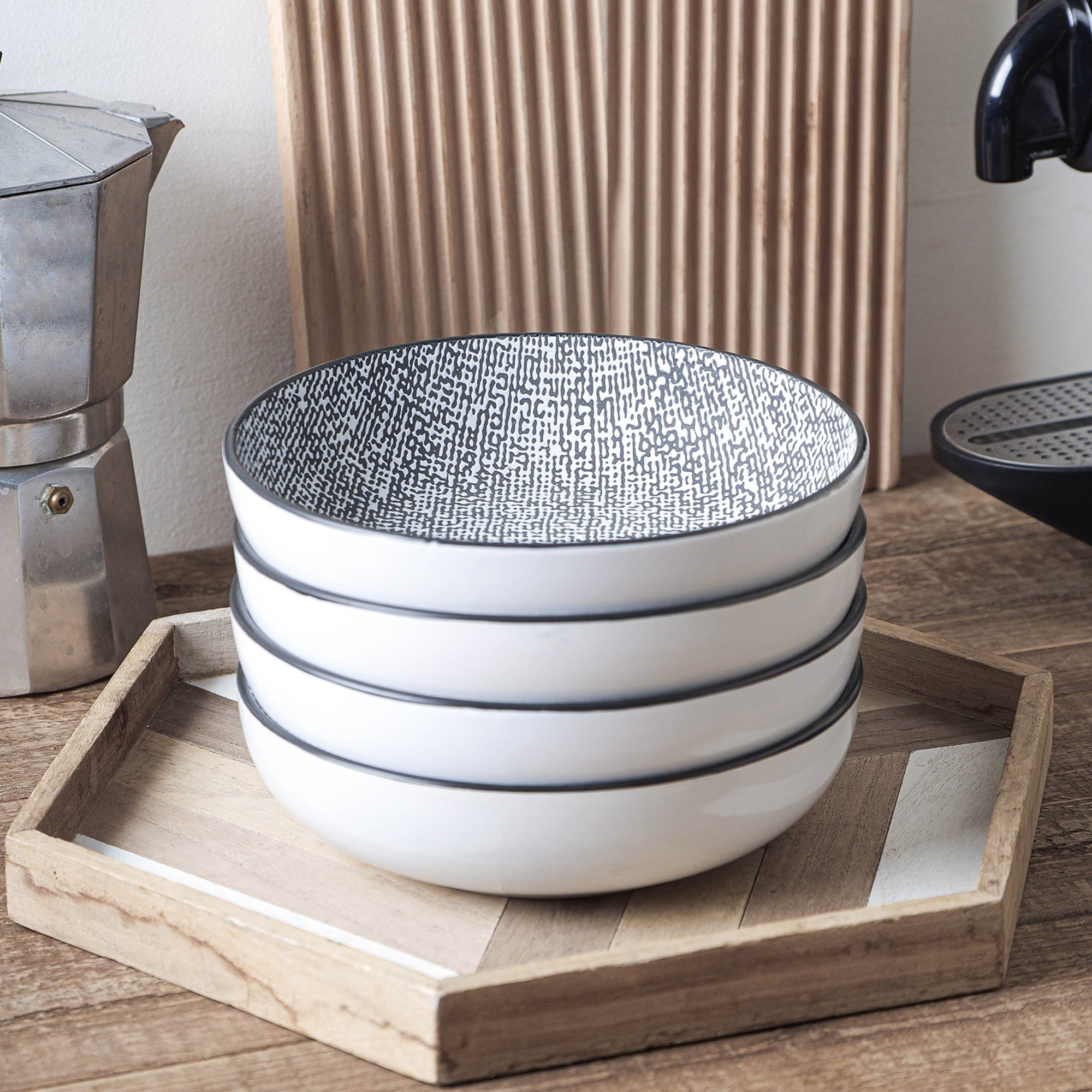Sophie Stoneware Bowl Set - White and Black Ceramic Serving Bowls for Soup, Salad, Pasta | Microwave & Dishwasher Safe | Perfect for Dining, Entertaining & Home Decor