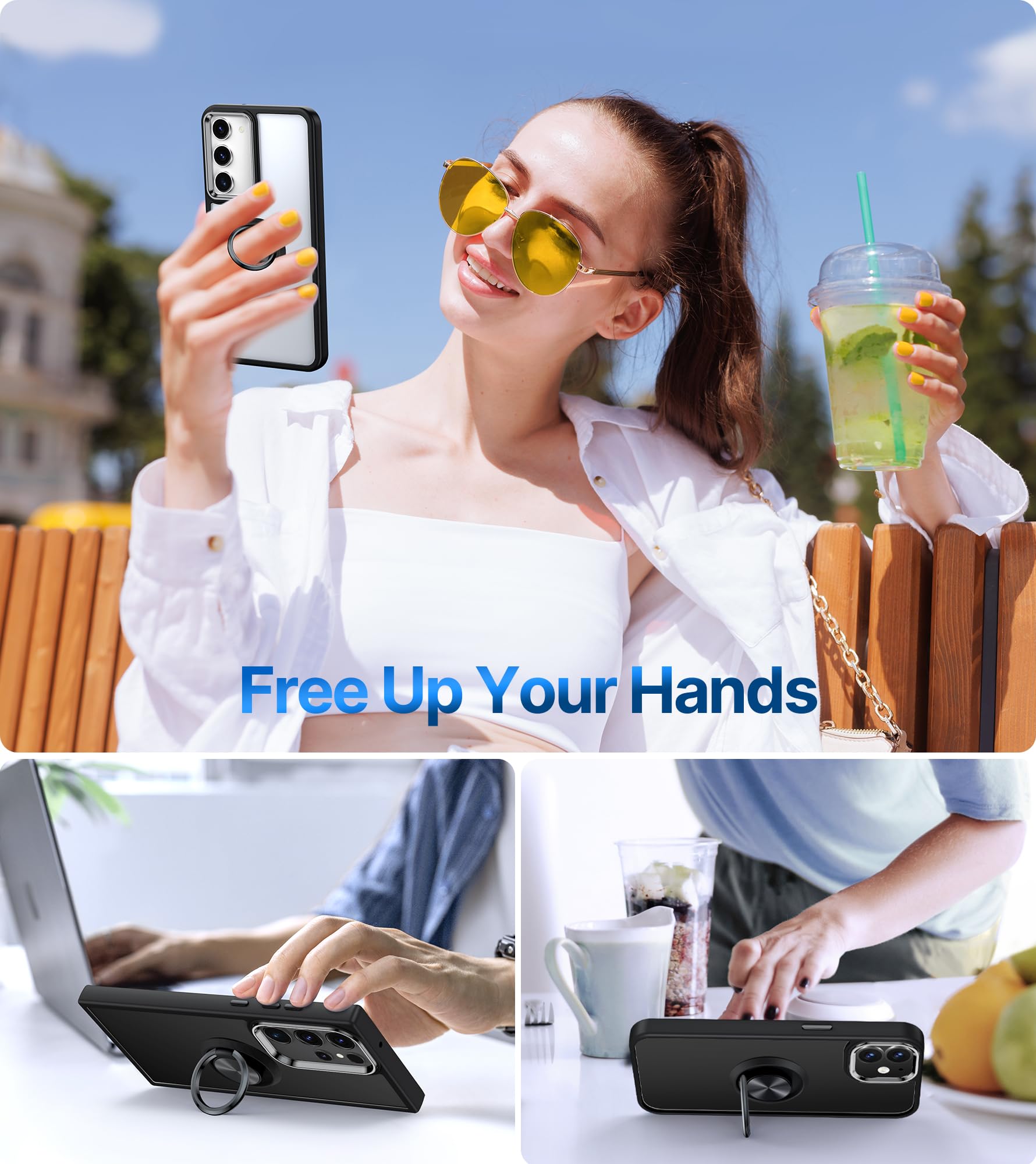 Premium Shockproof Clear Phone Case for Samsung Galaxy S23 Plus 5G (6.6 Inch) - Slim Lightweight Protective Cover with Ring Stand (Black Clear) | Perfect for Work, Travel & Everyday Protection