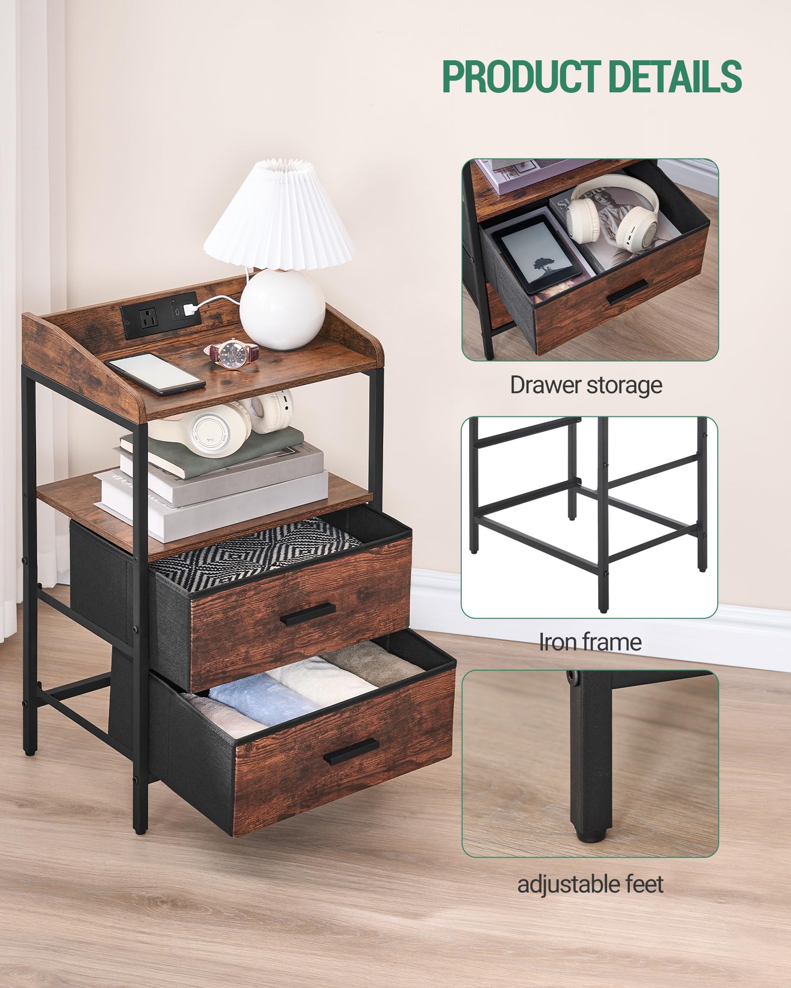 Modern Nightstand with USB Ports & Power Outlets - Rustic Brown End Table with Storage for Bedroom