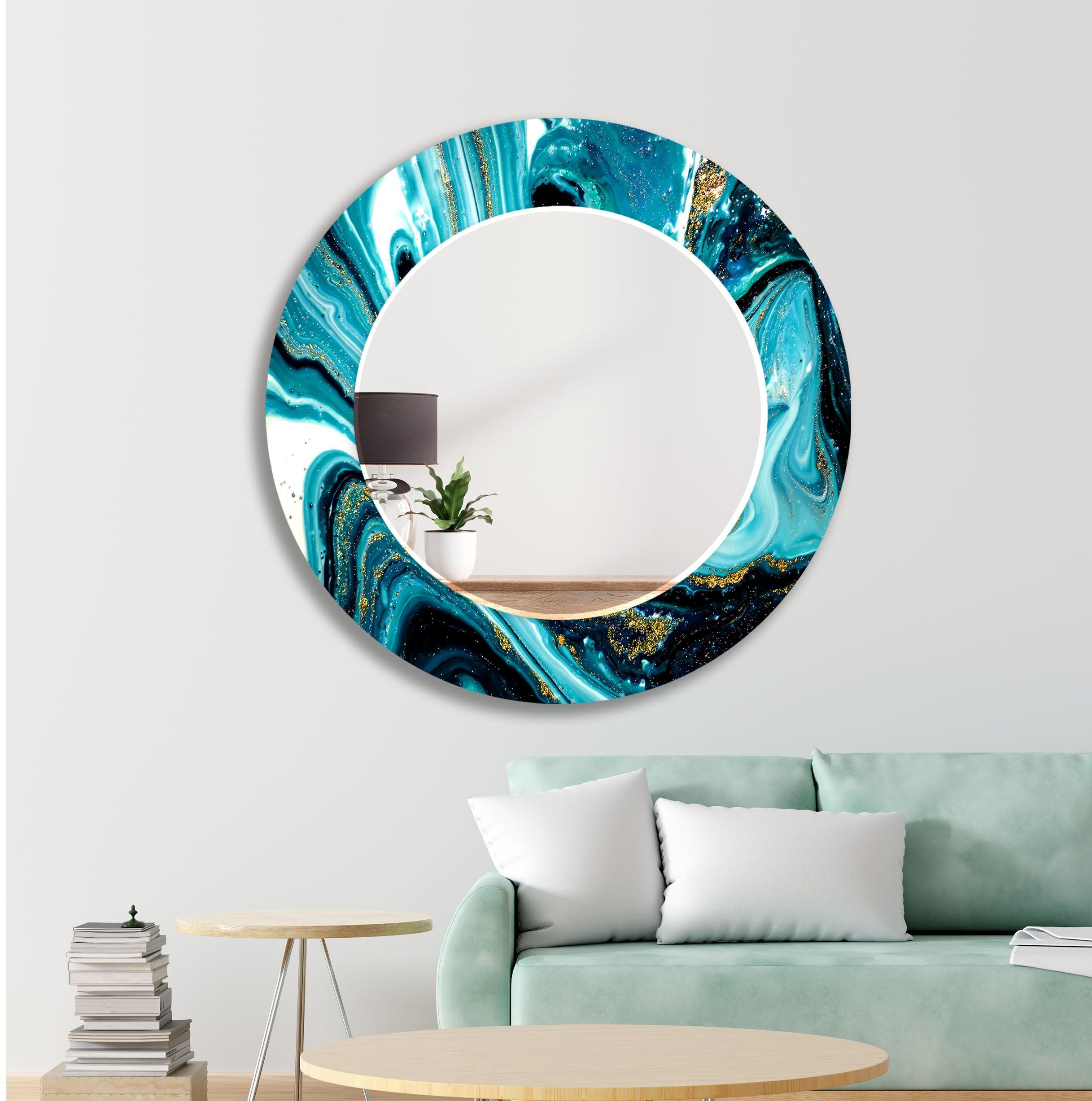 Stylish Blue and White Epoxy Wall Mirror - Modern Decorative Bathroom & Bedroom Vanity Mirror - Perfect for Home Decor, Dressing Areas, and Interior Design Accents