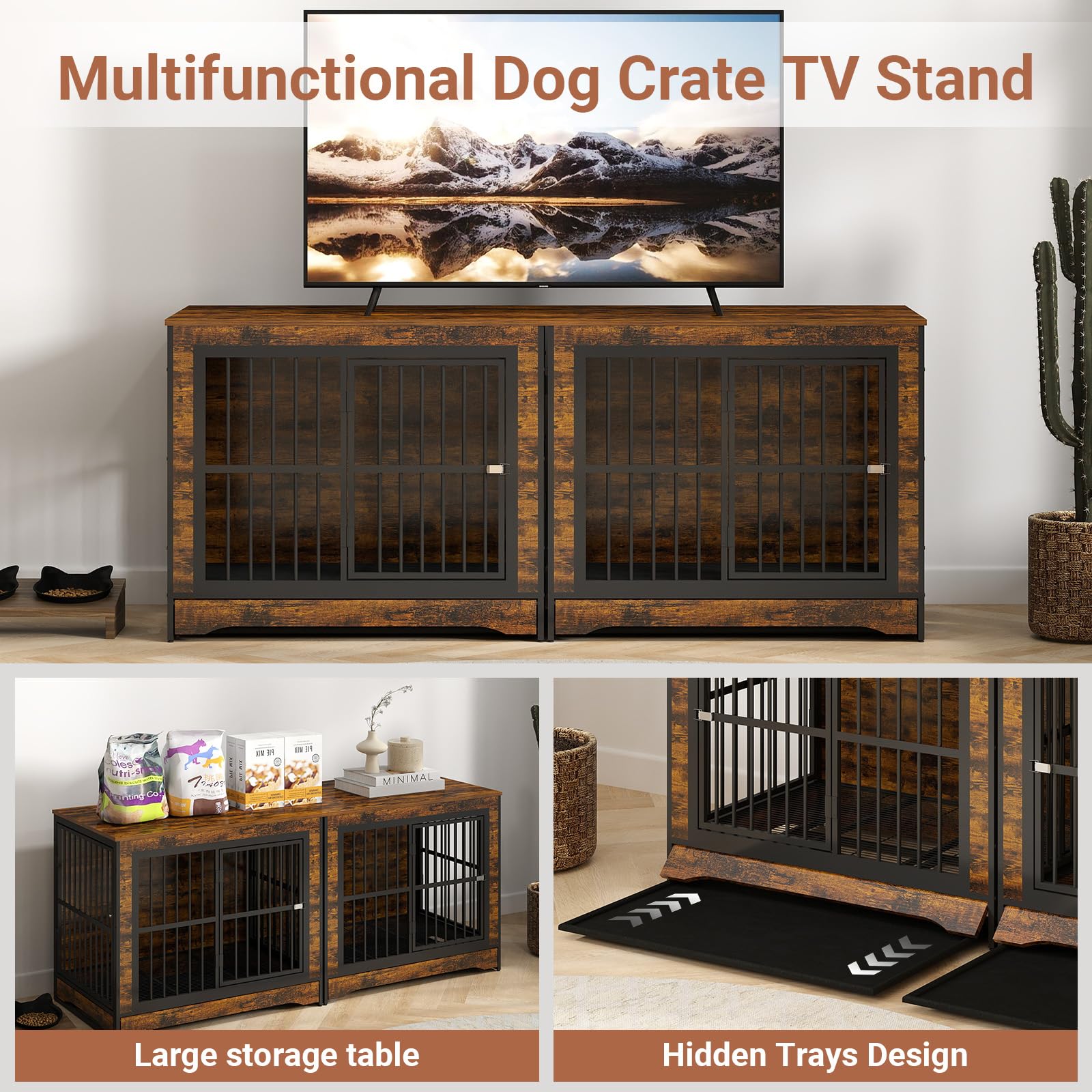 75 Inch Double Dog Crate Furniture with Divider - 4-in-1 Convertible Large Dog Kennel with Removable Trays - Rustic Brown Corner Pet Crate for Small, Medium & Large Dogs - Perfect for Living Room, Bedroom or Home Office