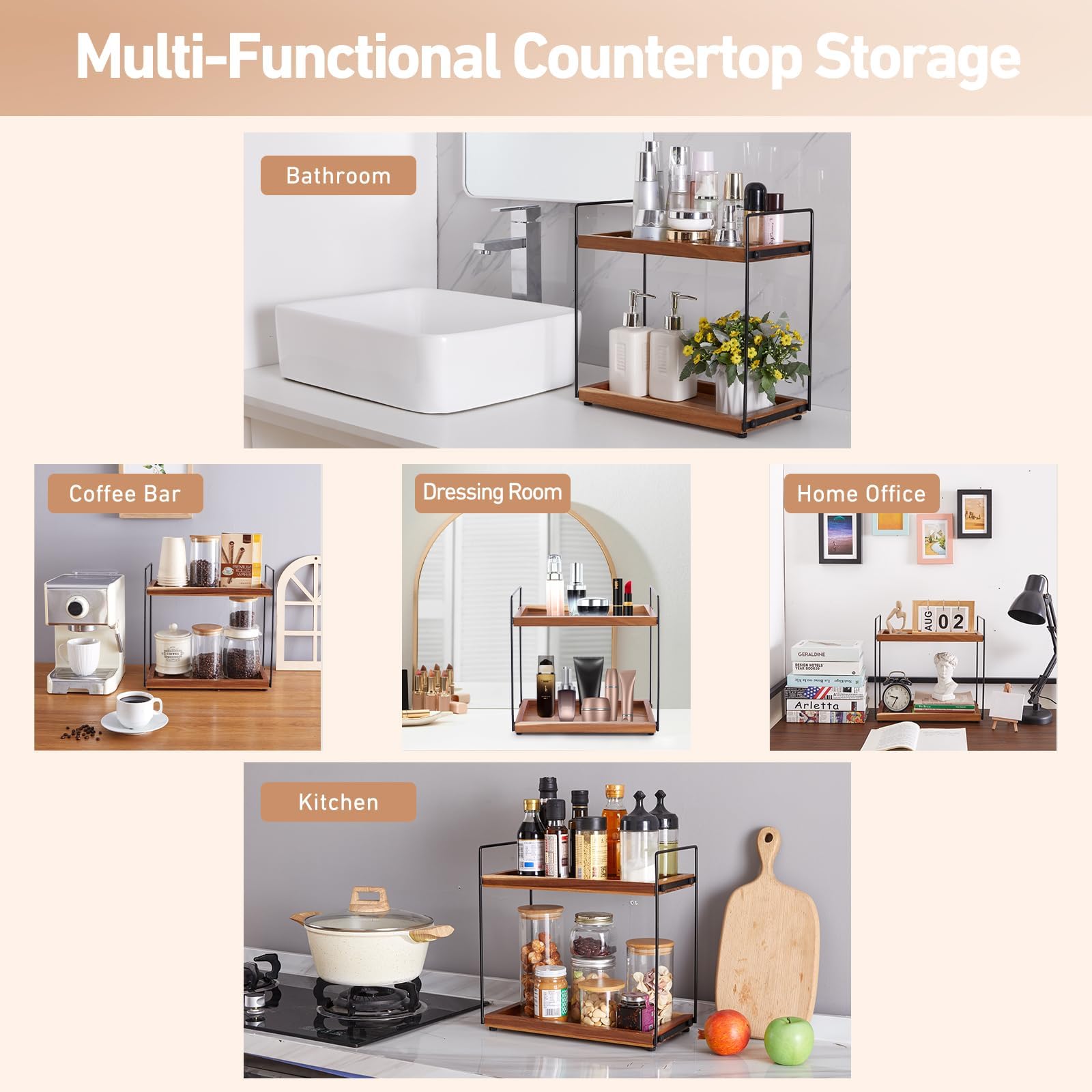 2-Tier Acacia Wood Countertop Organizer for Bathroom, Kitchen & Coffee Bar - Spice Rack, Vanity Shelf & Storage Solution for Countertops, Perfect for Small Space Organization