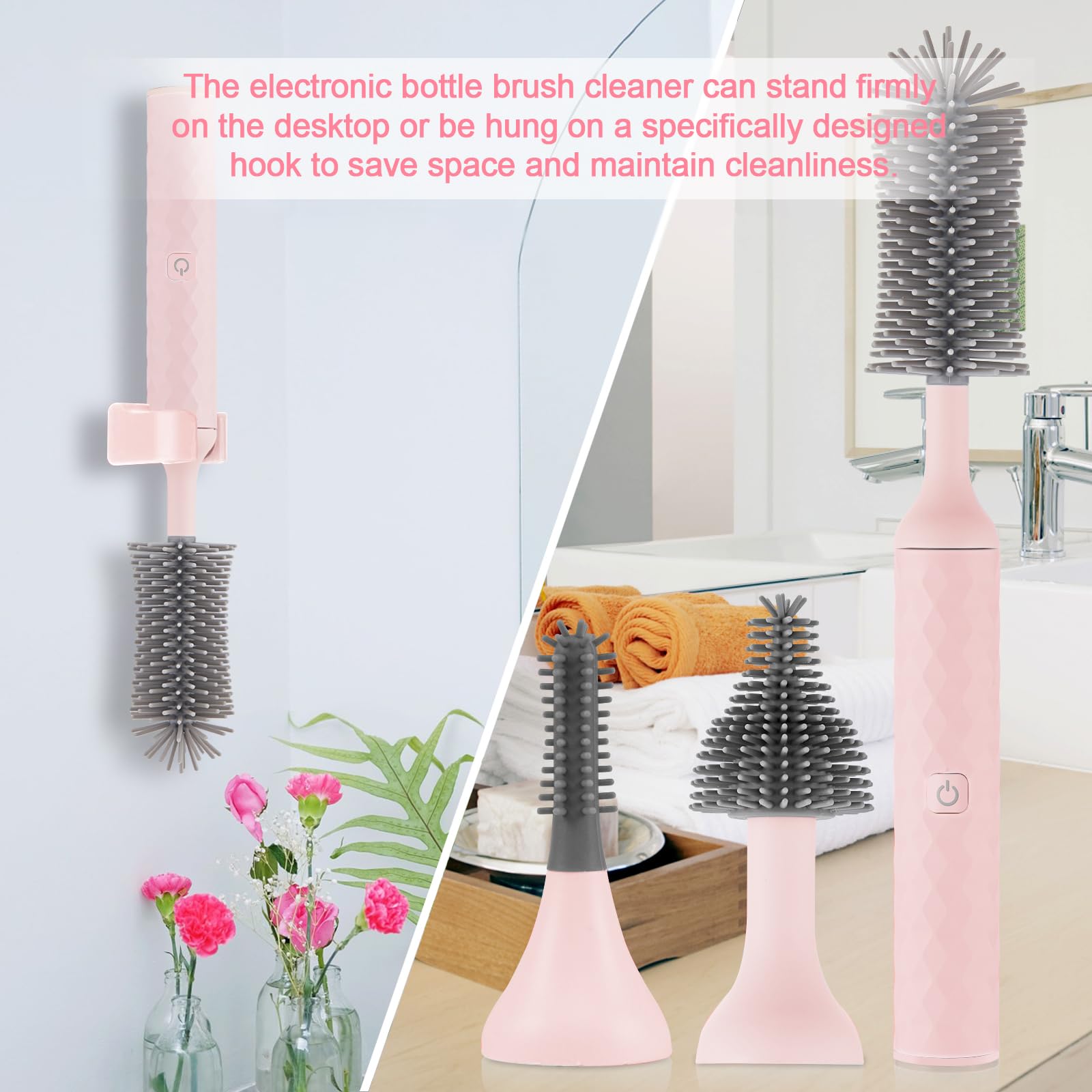 Rechargeable Electric Baby Bottle Cleaner Kit - 3-Piece Silicone Bottle Brush & Straw Brush Set | Automatic Bottle Washer for Infant Feeding Accessories | Perfect for Nursery, Travel & Daily Cleaning (Pink)