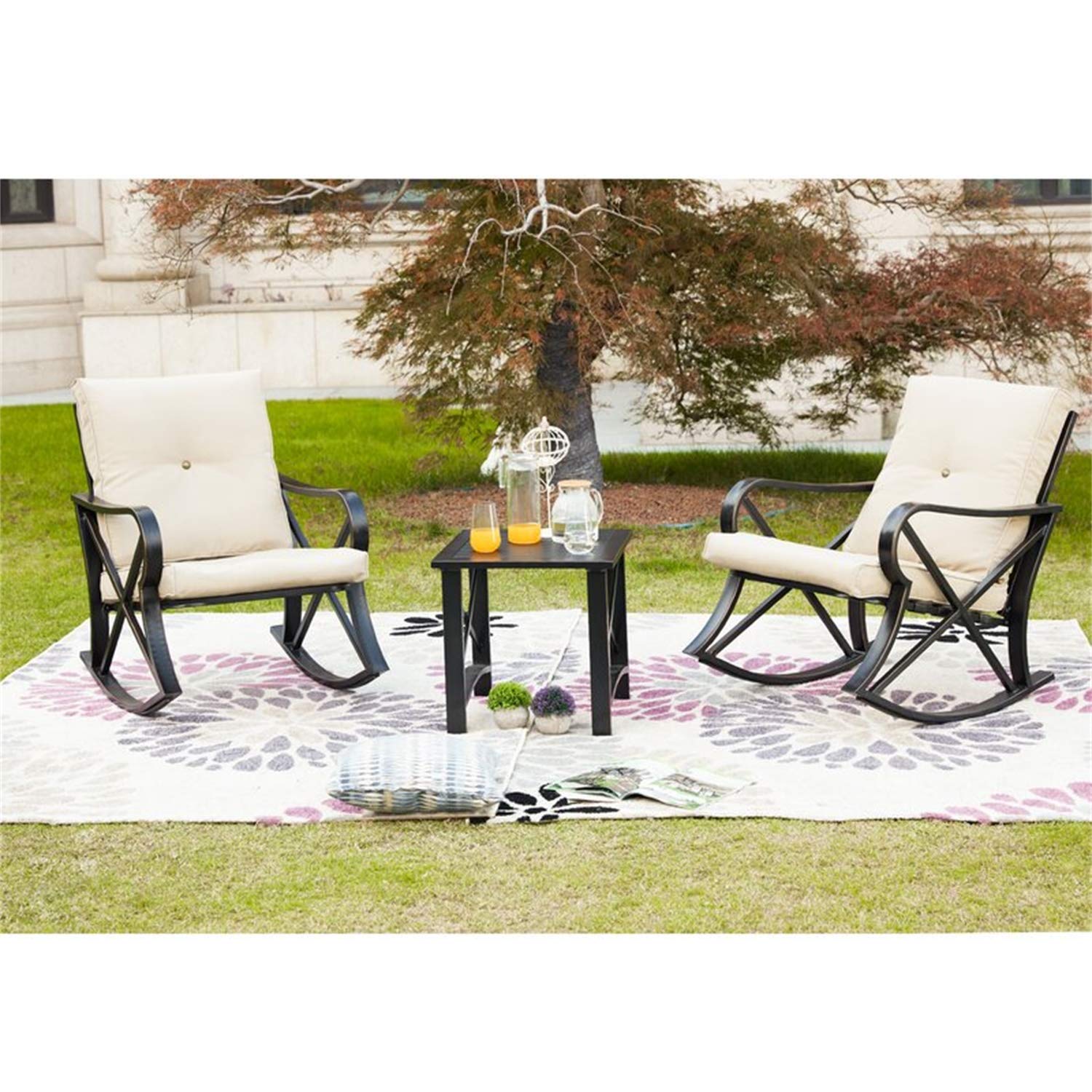 Patio Festival® 3-Piece Metal Outdoor Rocking Chair Bistro Set with Coffee Table & Thick Cushions - Durable Conversation Set for Backyard, Lawn, Porch, Poolside | Perfect for Relaxing, Entertaining & Outdoor Dining