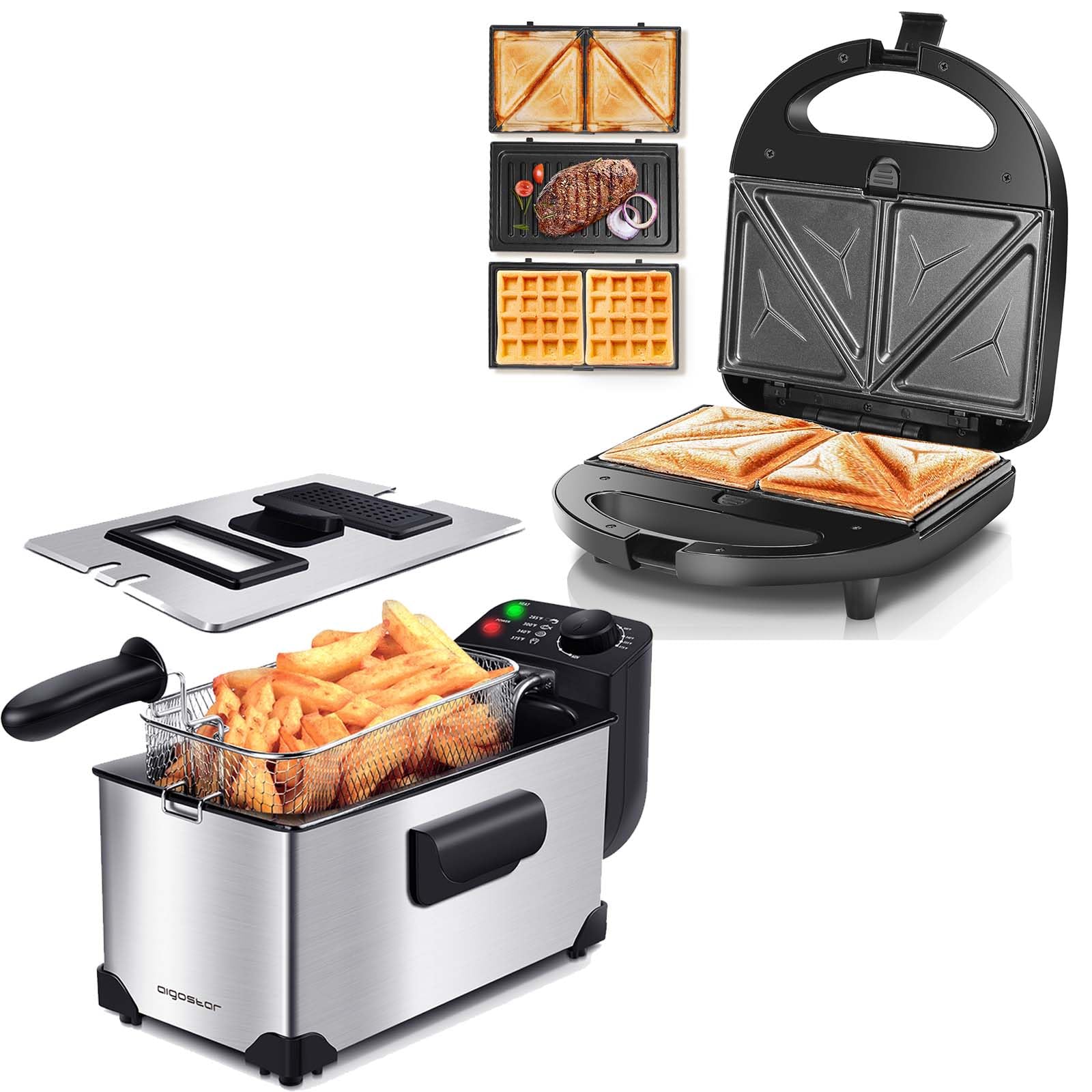 **Aigostar 3-in-1 Electric Deep Fryer, Sandwich Maker & Waffle Iron with Removable Non-Stick Plates – Perfect for Home Cooking, Panini Press, Grilled Cheese & Crispy Fries**    *(Ideal for Breakfast, Snacks, and Family Gatherings – Quick & Easy Meals!)*