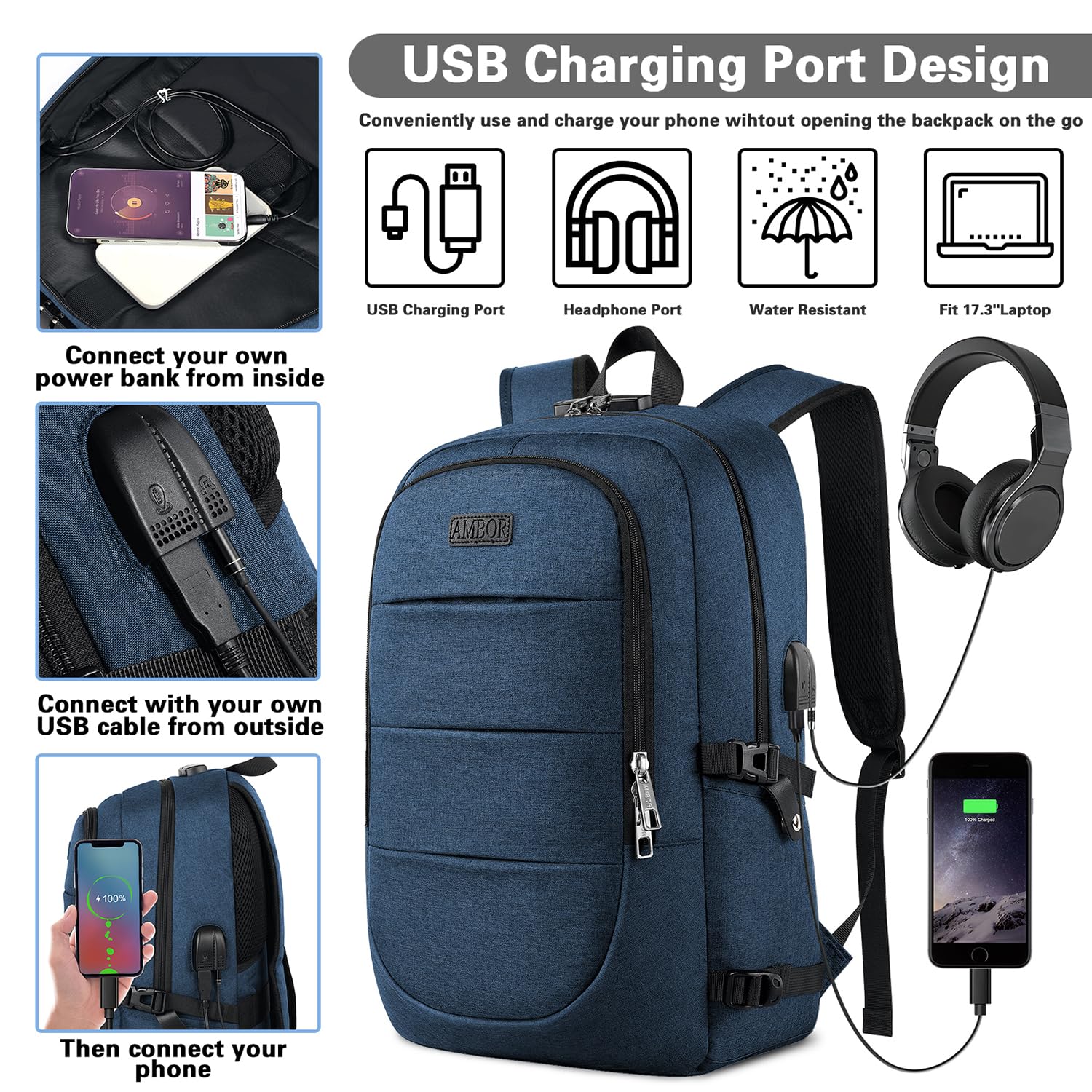 Anti-Theft 17.3 Inch Travel Laptop Backpack with USB Charging Port & Headphone Jack - Water-Resistant Business Computer Backpack for College, Work, Commuting - Perfect for Students, Professionals & Frequent Travelers (Blue)