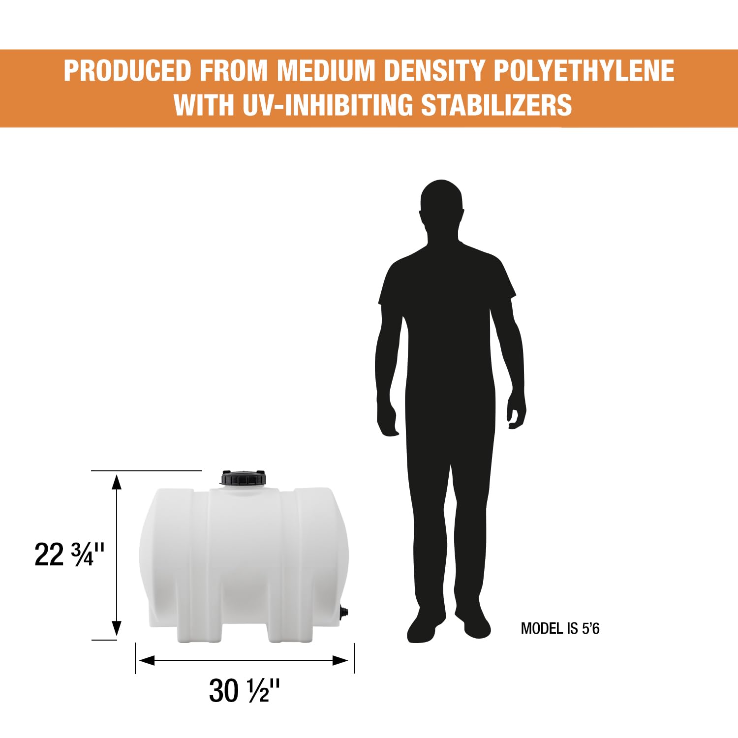 35 Gallon Horizontal Polyethylene Water Tank With Legs - Made in USA, Rust & Corrosion Proof Poly Tank for Water & Non-Flammable Liquids - Perfect for Agriculture, RV, Off-Grid & Emergency Water Storage