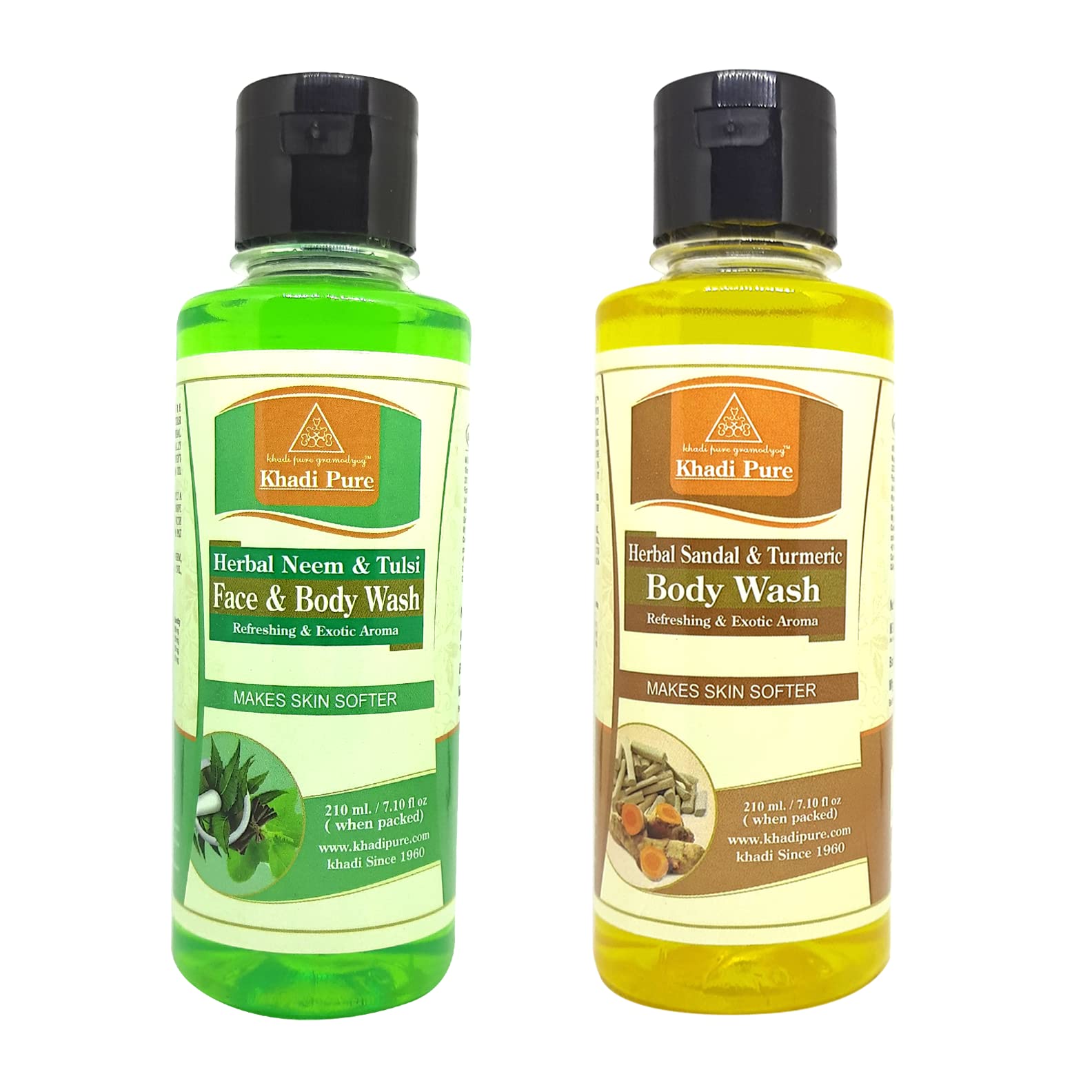 Khadi Pure Neem Tulsi & Sandal Turmeric Body Wash - 210ml (Pack of 2) | Ayurvedic Herbal Cleanser for Glowing Skin | Perfect for Daily Detox & Relaxation
