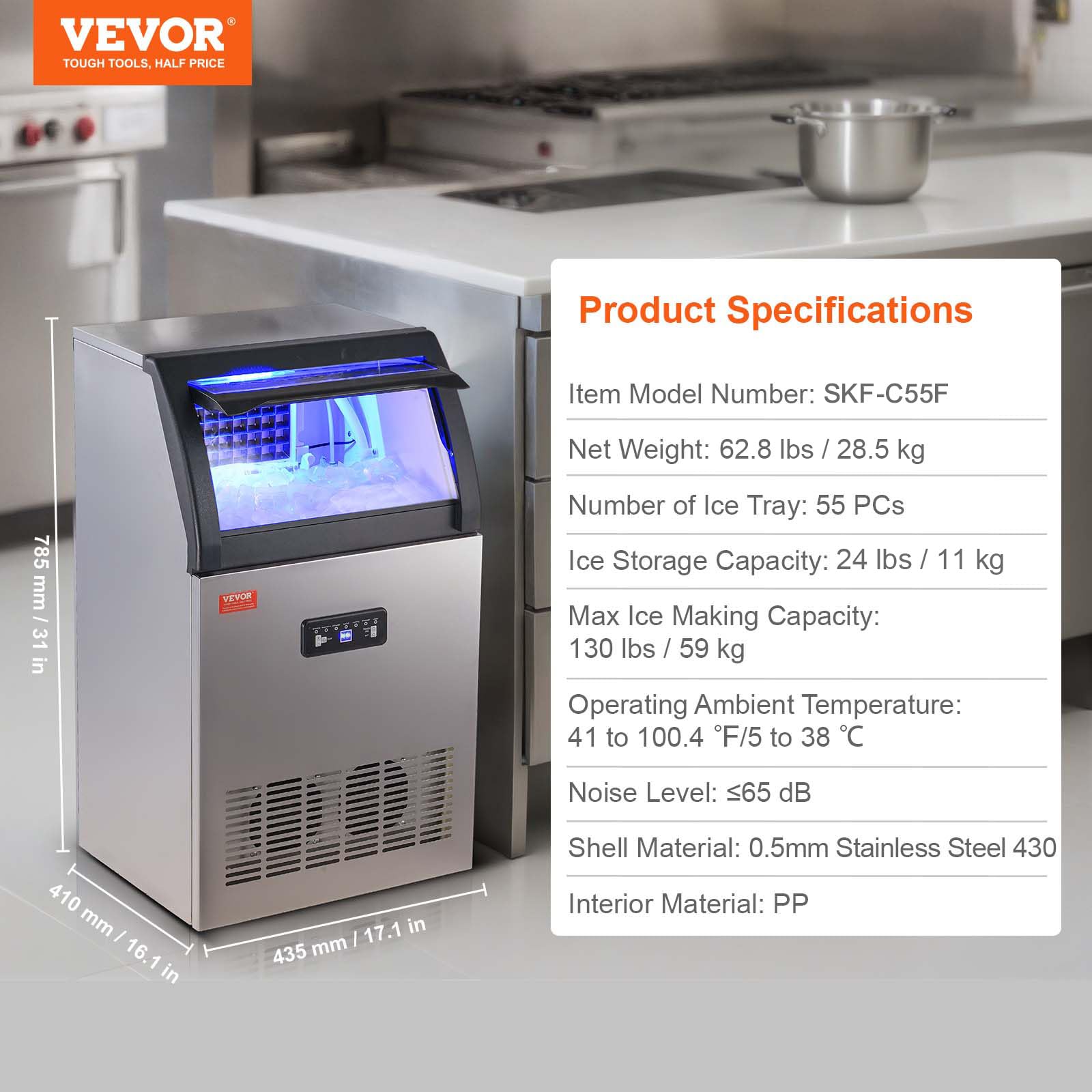 VEVOR Commercial Ice Maker Machine 150LBS/24H, 24LBS Storage Capacity - Fast 55 Ice Cubes in 12-15 Mins - Perfect for Bars, Home, Office & Restaurants - Ideal for Cocktails, Parties & Food Service