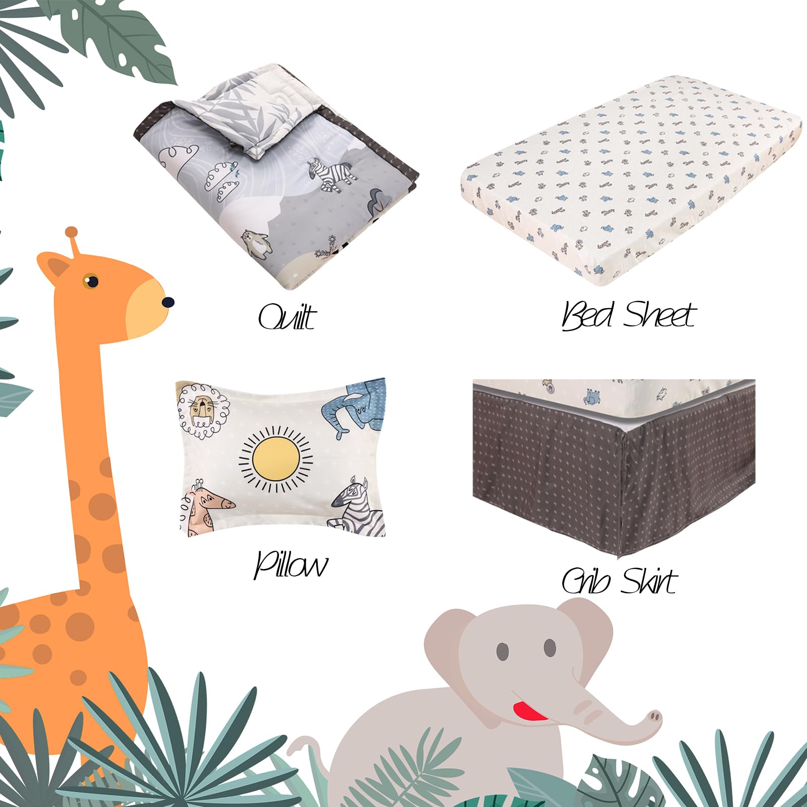 4 Piece Baby Crib Bedding Set for Boys & Girls - Soft Animal Nursery Set with Cartoon Comforter, Pillowcase, Fitted Sheet & Bed Skirt | Cozy Nursery Decor for Newborns & Toddlers | Perfect for Baby Showers & Nursery Room Themes