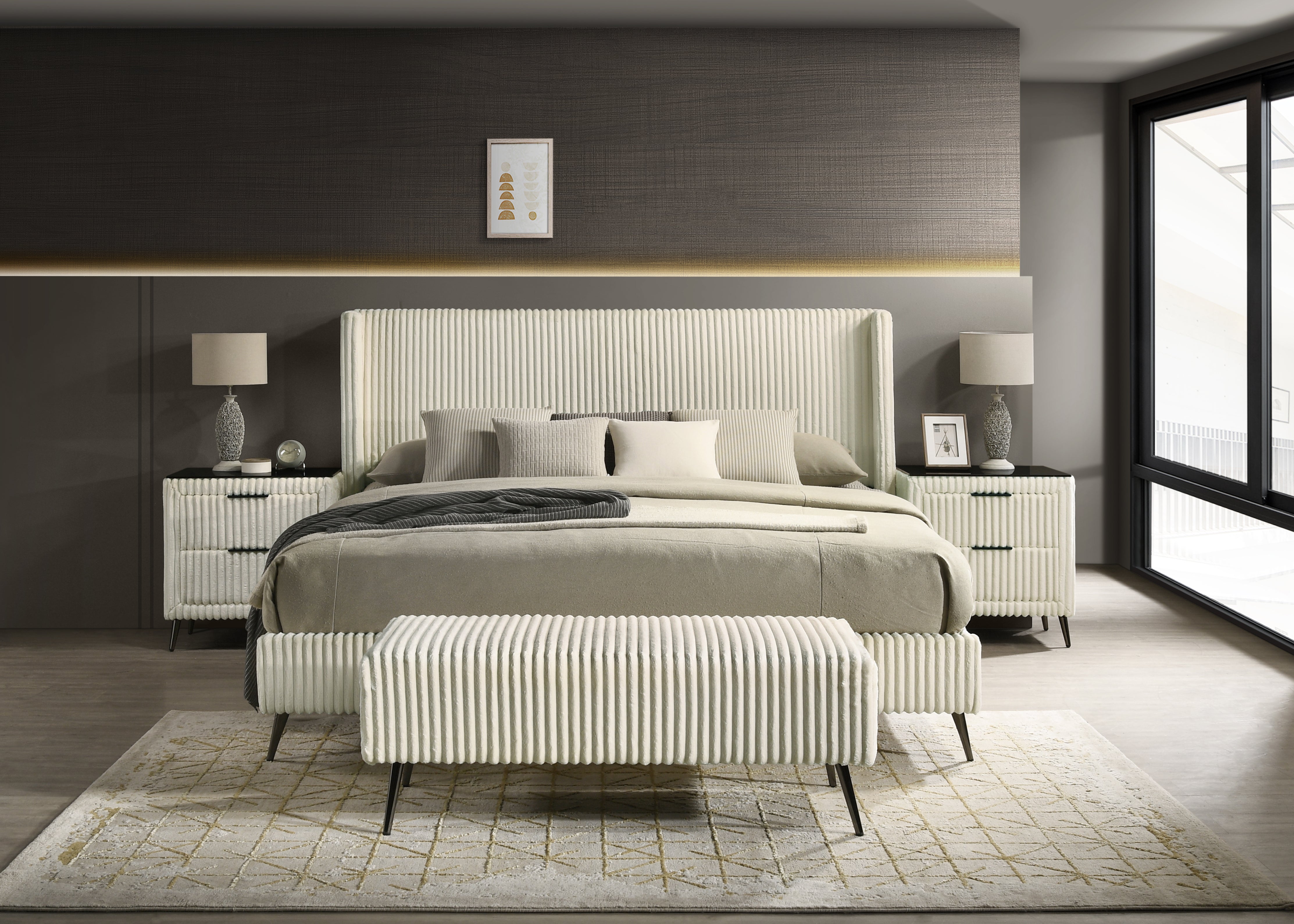 Roundhill Furniture Mavela Wide Wale Corduroy Upholstered Panel Bed Set with 2 Nightstands & Bench - Luxurious Bedroom Suite for Master Bedroom or Guest Room