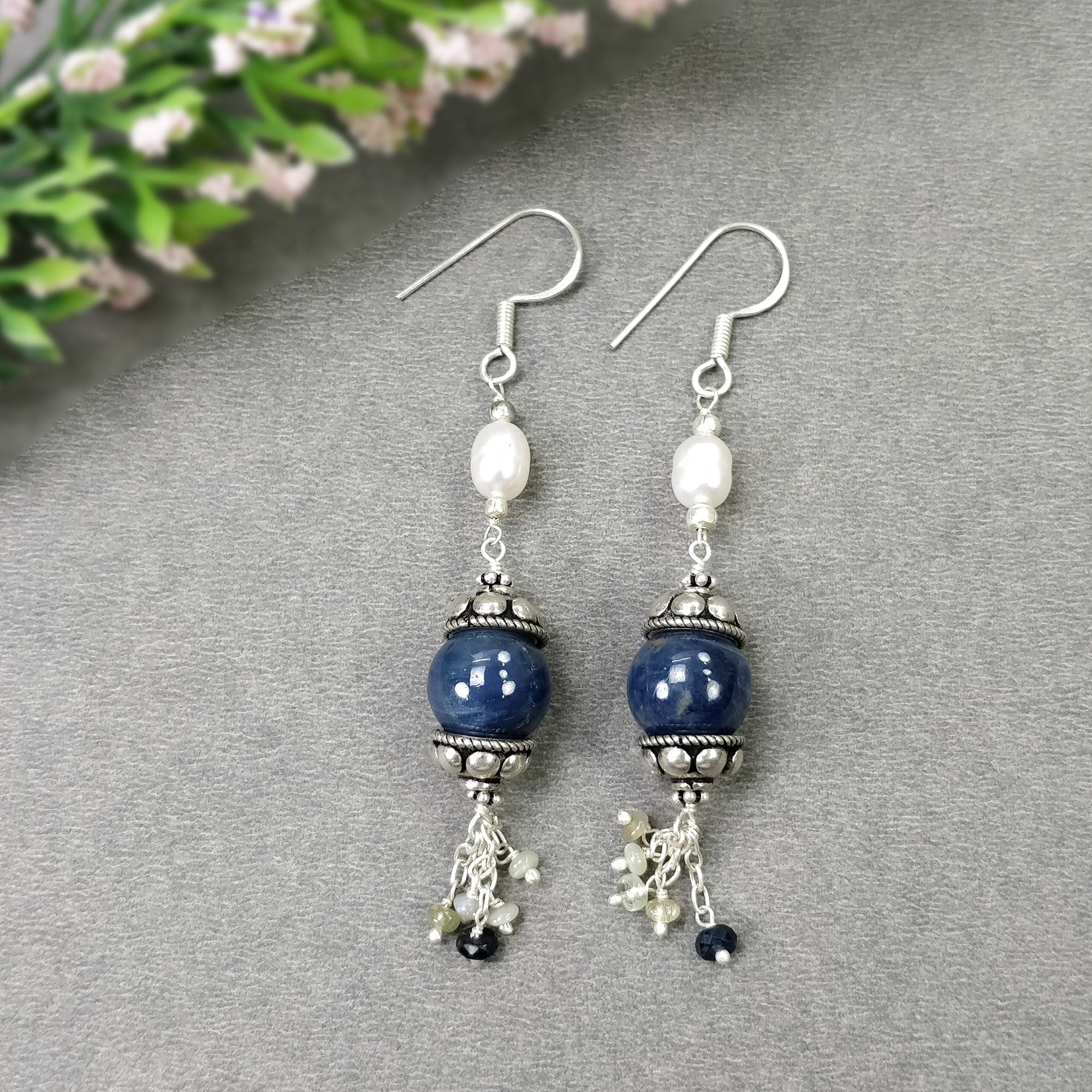 925 Sterling Silver Blue Sapphire Gemstone Beaded Earrings with Natural Pearl Drop - 13.28g Dangle Hook Earrings for Women | Perfect for Weddings, Parties & Special Occasions