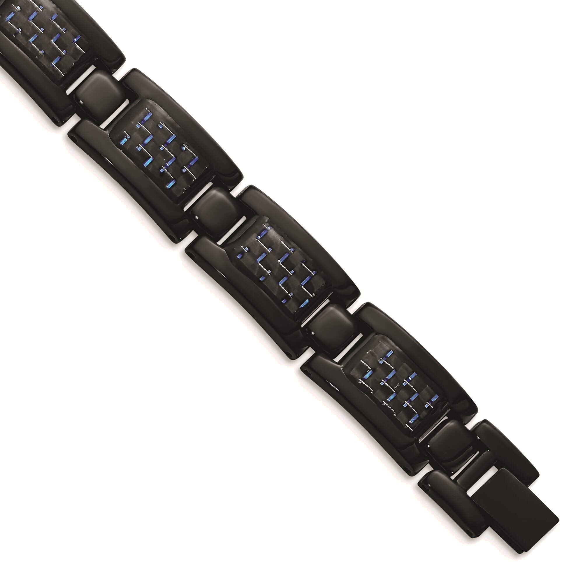 Bonyak Stainless Steel Bracelet for Men - Black IP-Plated with Blue Carbon Fiber Inlay, Polished Unisex Jewelry | Perfect Gift for Birthday, Anniversary & Formal Occasions