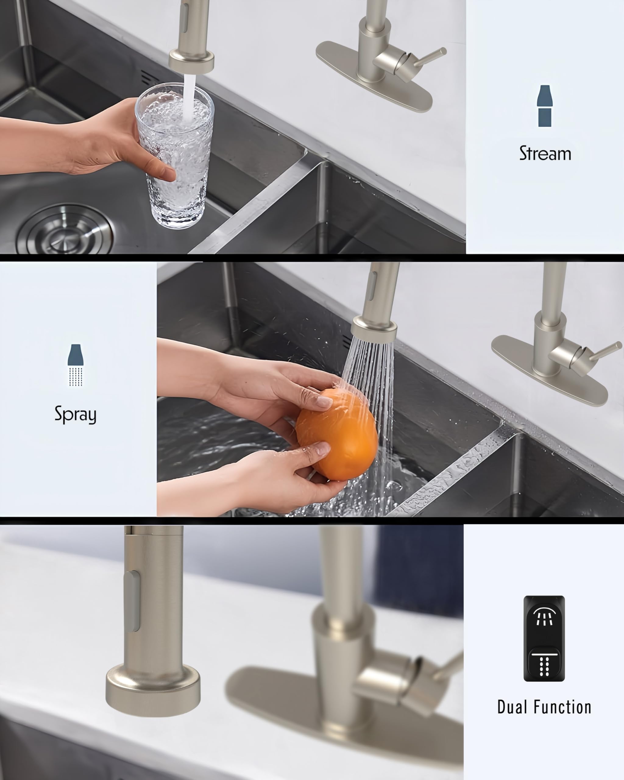 Single Handle Stainless Steel Kitchen Faucet with Pull Down Sprayer - High Arc Brushed Nickel Finish, 1 Hole Sink Faucet with Dual Spray Modes & Hole Cover (21.5 Inch) - Perfect for Modern Kitchens, Dishwashing & Food Prep