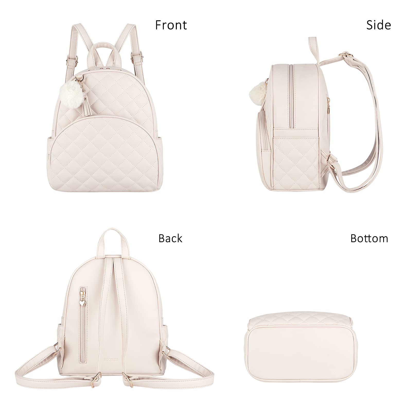 ECOSUSI Mini Leather Backpack for Women - Stylish Small Backpack Purse with Pom Charm Tassel, Cute Bookbag & Travel Shoulder Bag in Beige | Perfect for Work, School, Travel & Daily Use