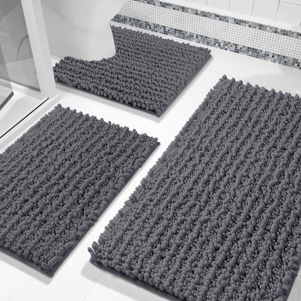 Yimobra 3-Piece Fluffy Plush Chenille Bathroom Rugs Set - Non-Slip Absorbent Shower Mat with U-Shaped Toilet Rug, Soft Shaggy Sink & Laundry Room Mats, Machine Washable (Dark Gray) - Perfect for Bathrooms, Showers & Laundry Areas