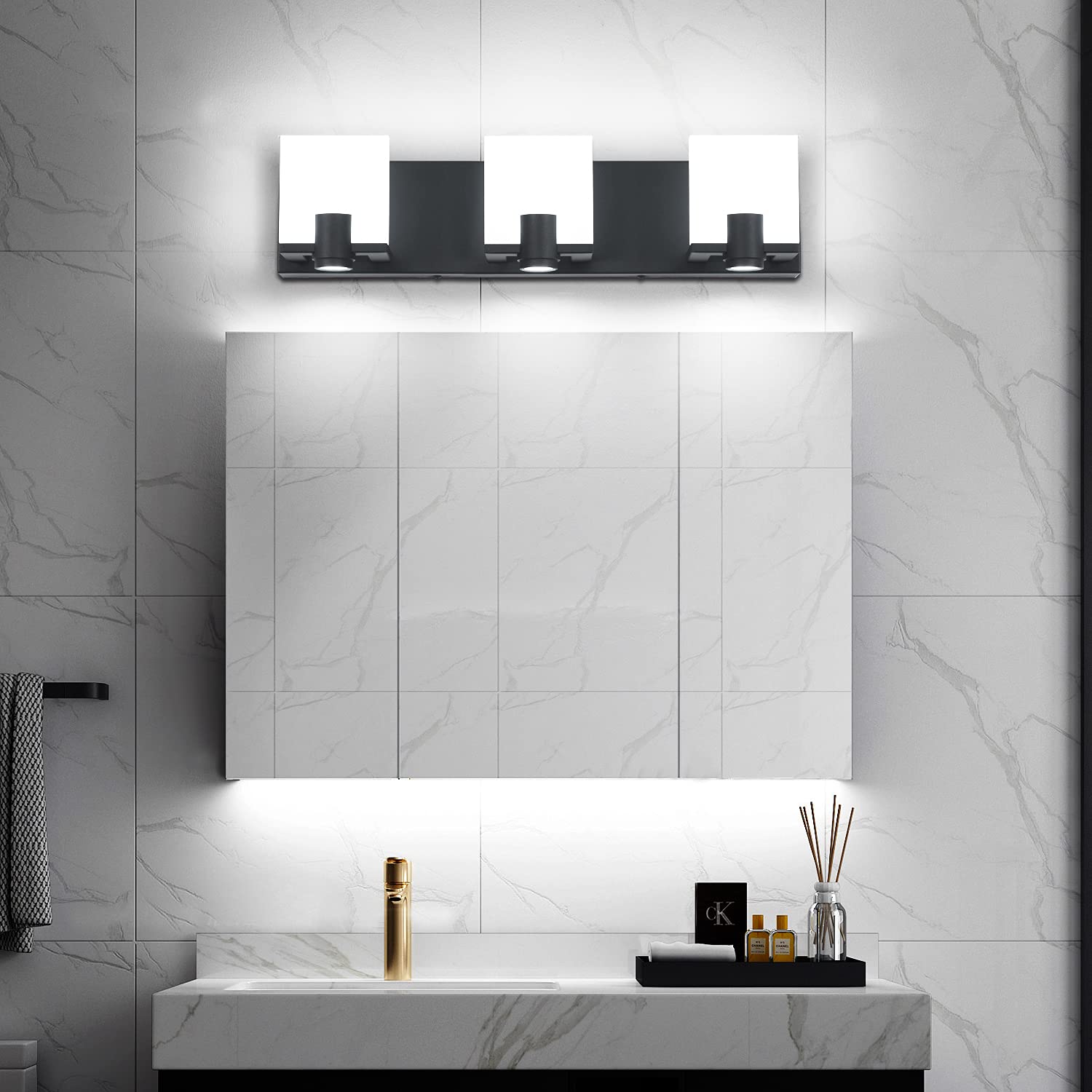 SOLFART Modern Black LED Dimmable Vanity Lights - 3 Spotlights Bathroom Mirror Lighting Fixture for Bathroom, Bedroom, and Makeup Area