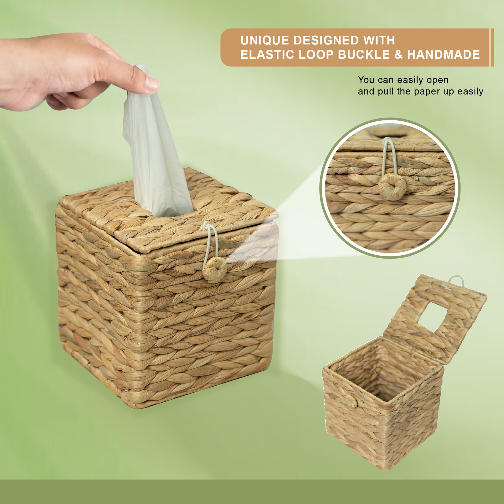 Rattan Wicker Tissue Box Cover with Flip-Open Top - Square Boho Decorative Woven Facial Tissue Holder for Bathroom, Living Room, Bedroom & Office Desk Organizer