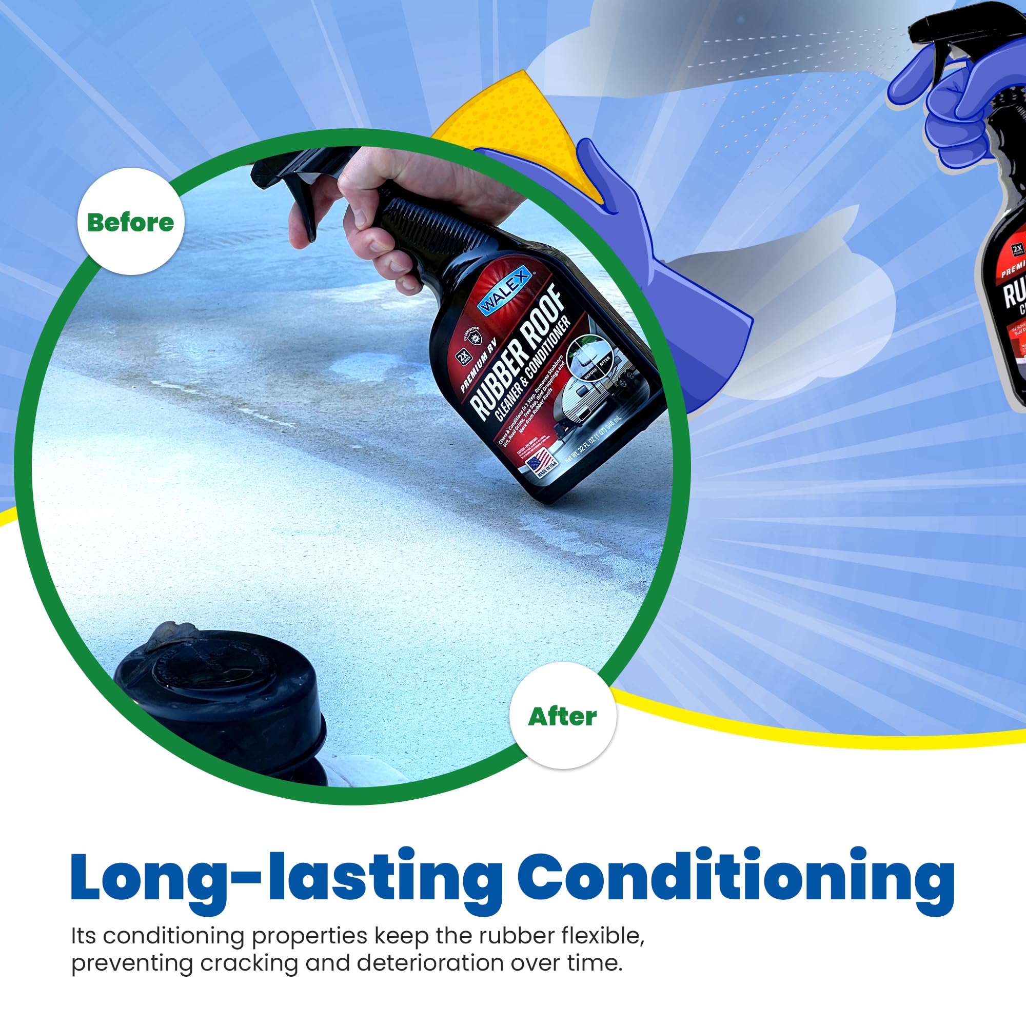 Walex RV Rubber Roof Cleaner & Conditioner - 32 oz | Removes Dirt, Road Grime, Tree Sap, Bird Droppings | Protects & Conditions RV Roof | Ideal for RVs, Campers, Motorhomes, Trailers | Perfect for Outdoor Travel & Camping Maintenance