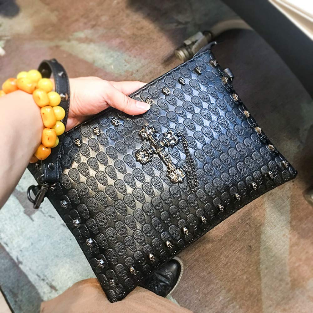 Gothic Skull Print Leather Clutch Purse for Men & Women - Punk Evening Bag with Crossbody Chain - Perfect for Halloween, Cosplay, and Night Out Accessories
