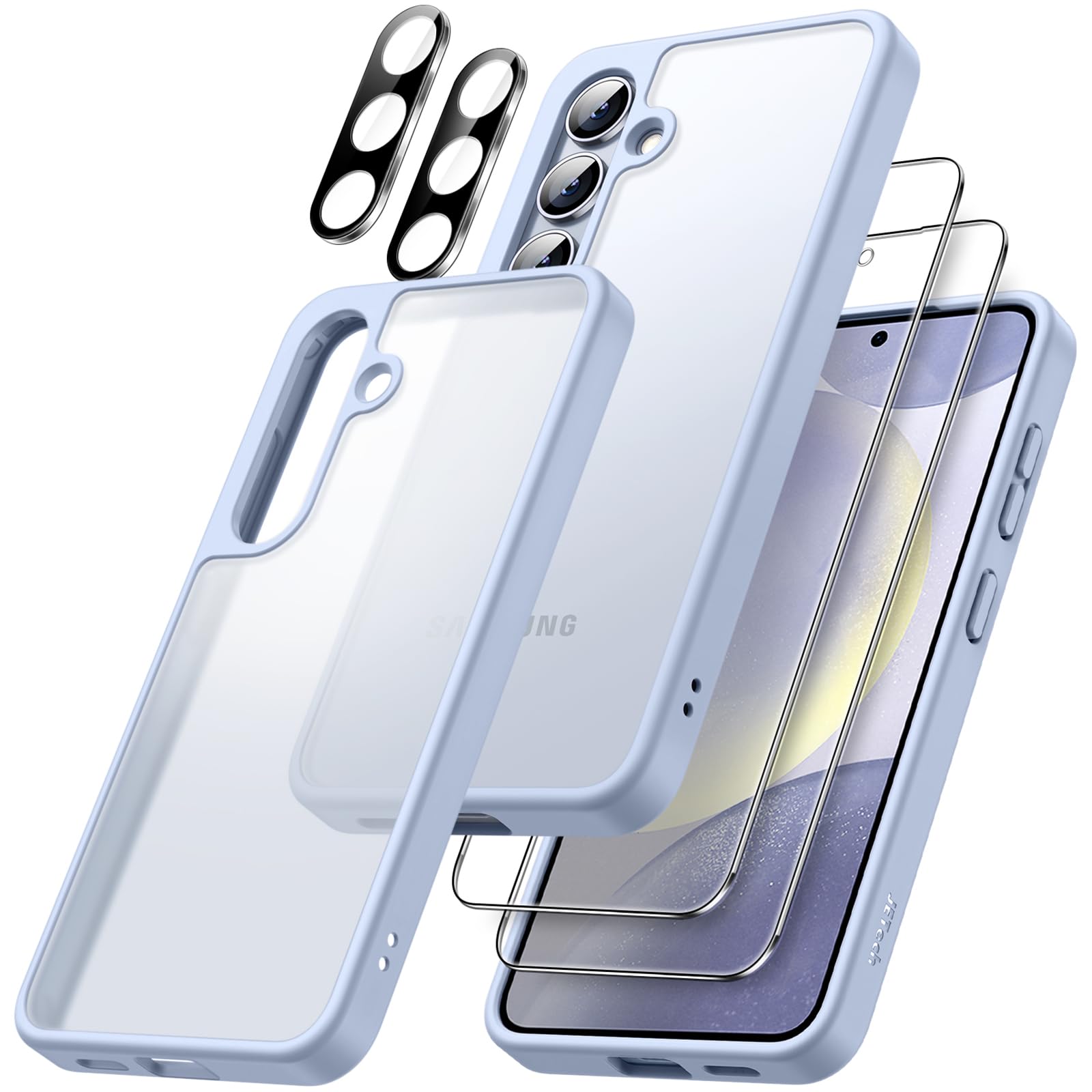 JETech 5 in 1 Matte Case for Samsung Galaxy S24+ / S24 Plus 5G - 2-Pack Screen Protector + Camera Lens Protector - Translucent Back Protective Phone Cover with Tempered Glass Film (Sapphire Blue) - Perfect for Daily Use, Work & Outdoor Activities