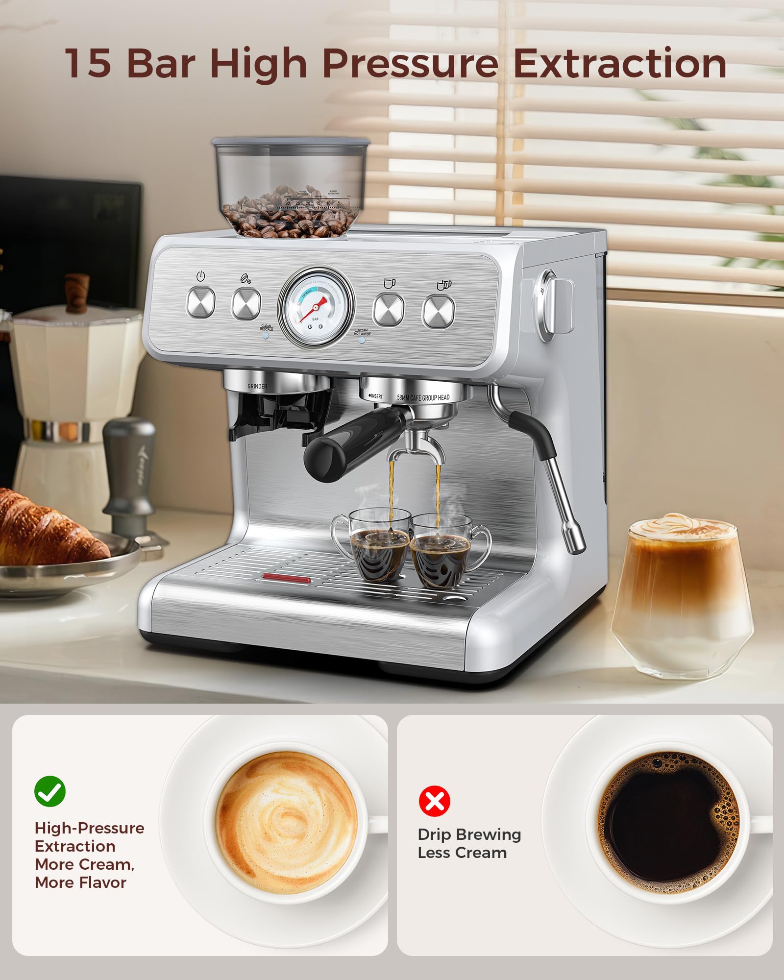 Kndko 15 Bar Semi-Automatic Espresso Machine with Milk Frother & Grinder - Stainless Steel Detachable Water Tank - Perfect for Latte & Cappuccino - Ideal for Home Coffee Bar & Office Use