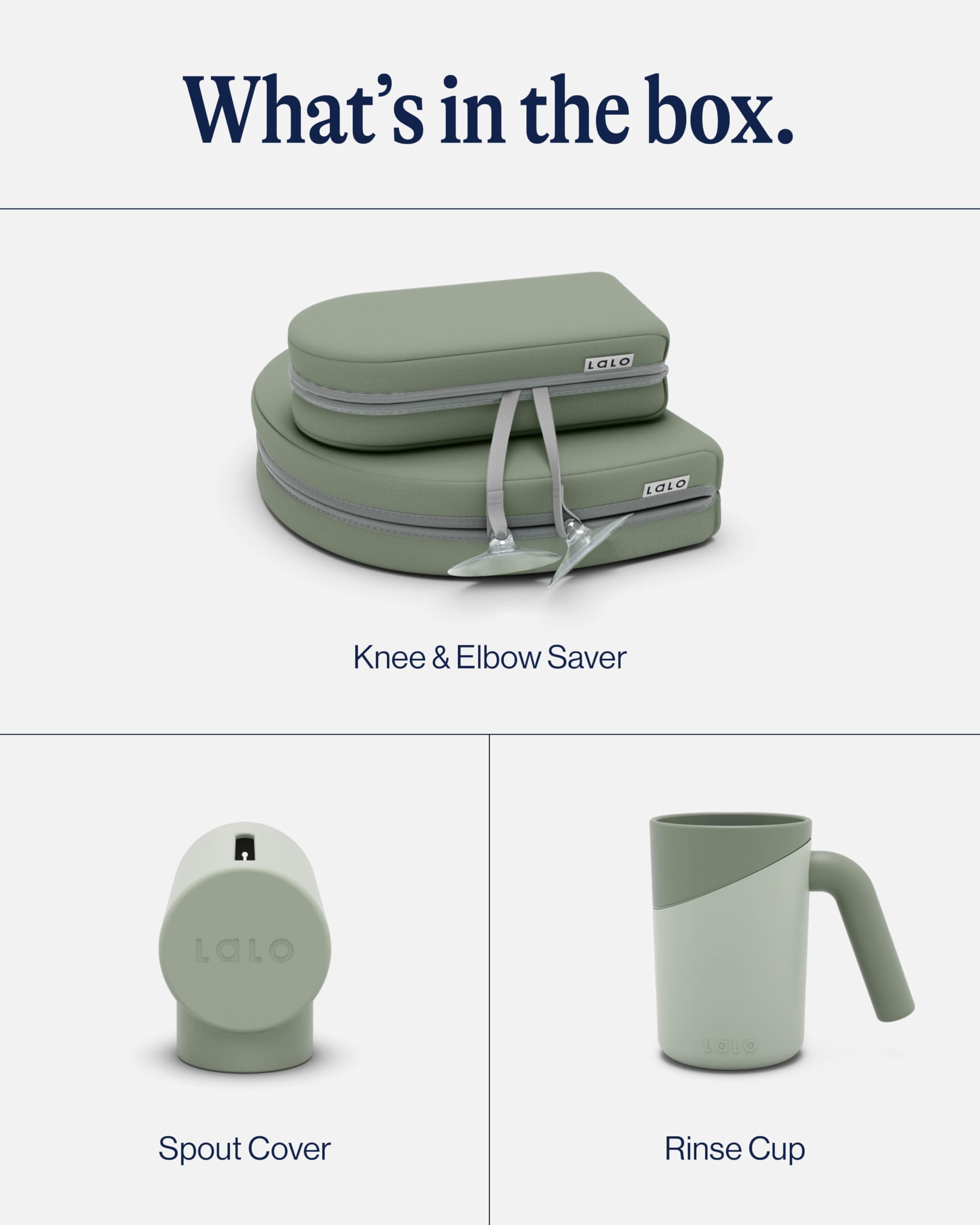 Lalo Baby Bath Essentials Set - Knee & Elbow Saver, Rinse Cup & Spout Cover - Safe, Durable & Easy-to-Clean Infant Bathing Accessories for Newborns & Toddlers - Perfect for Bathtime Safety & Comfort in Sage Green