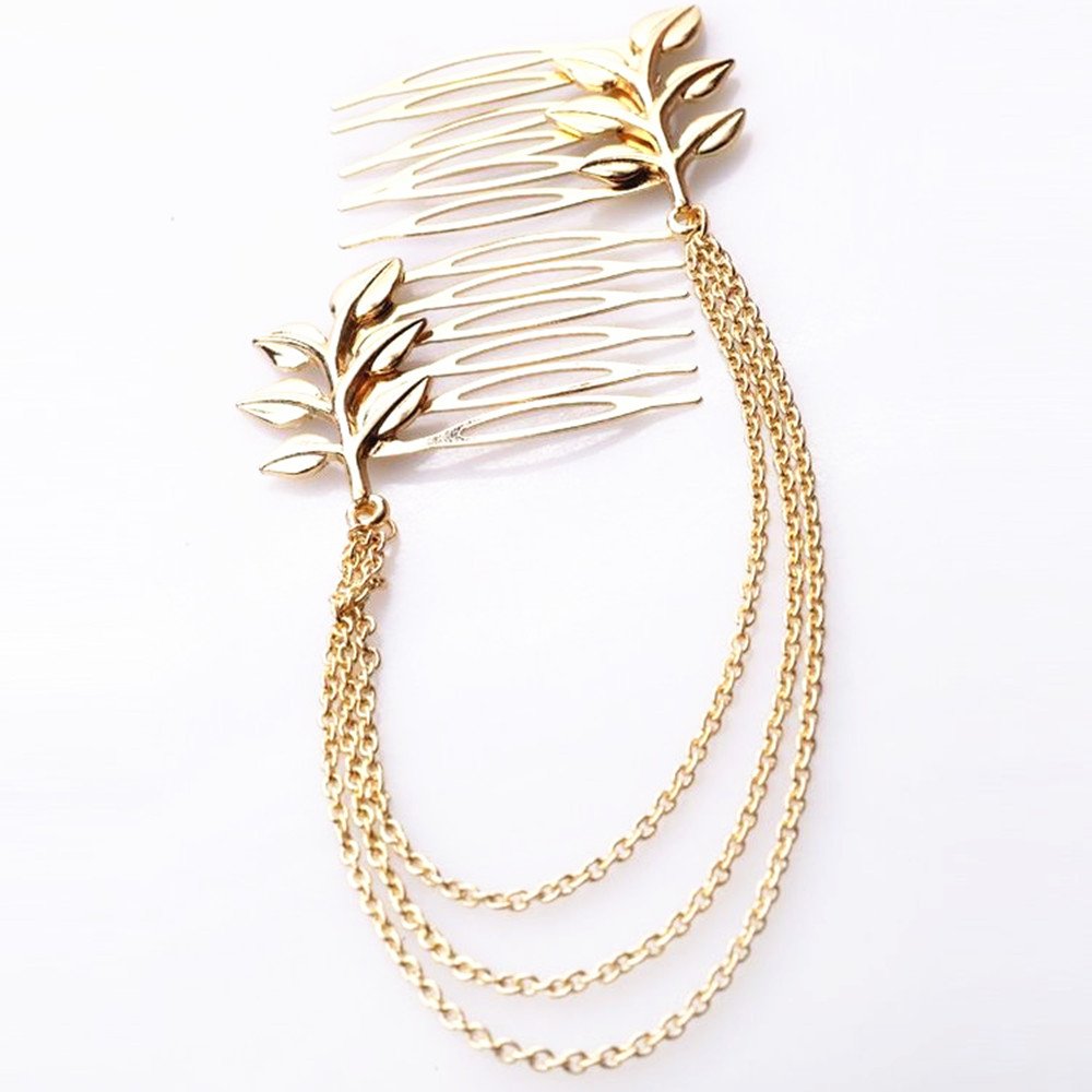 Yueton 2 Pack Fashion Women's Athena Olive Branch Tassel Leaf Hair Clips - Boho Hair Barrettes Bobby Pins for Bridal Headwear, Edge Clips, Cuffs & Headbands - Perfect for Weddings, Parties & Everyday Boho Style