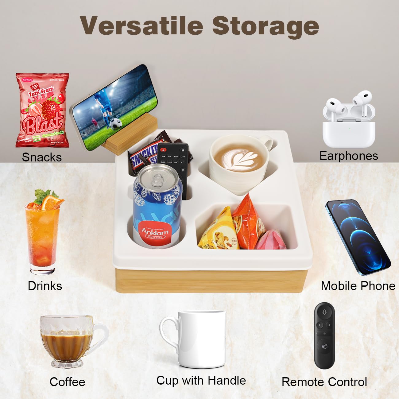 Rotatable Couch Cup Holder Tray with Phone Stand - Waterproof Sofa Organizer for Beverages, Snacks & Remote Control - Perfect for Living Room, Bedroom & Home Theater (White)