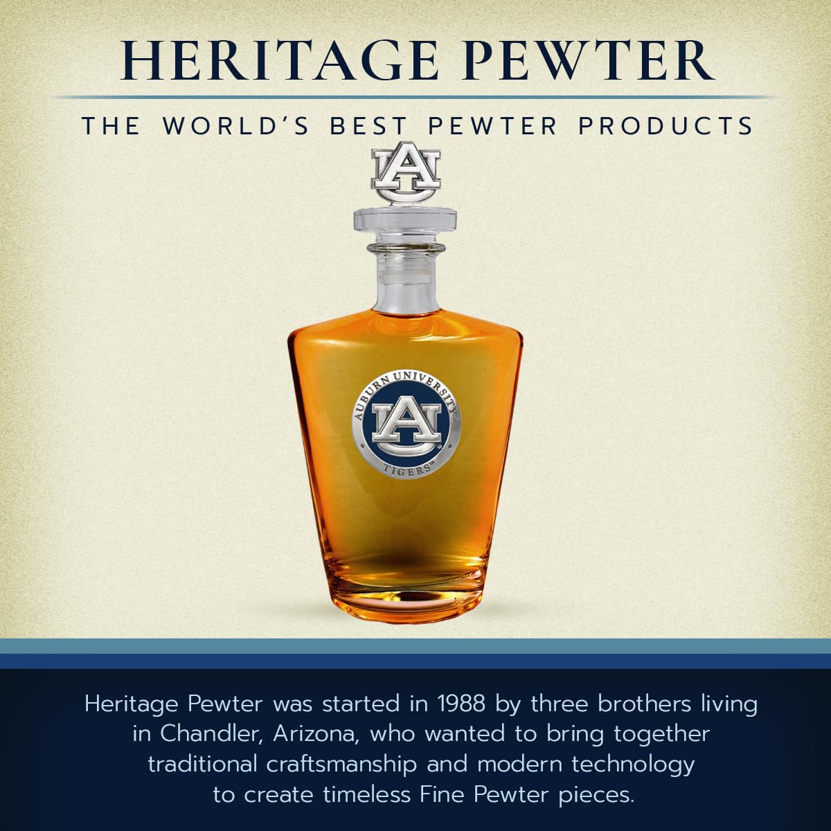 Auburn Royal Decanter with 3D Stopper | 30oz Whiskey Decanter Set | Handcrafted Pewter Glass Wine Pourer for Bourbon, Scotch & Liquor | Elegant Home Bar & Gift Idea