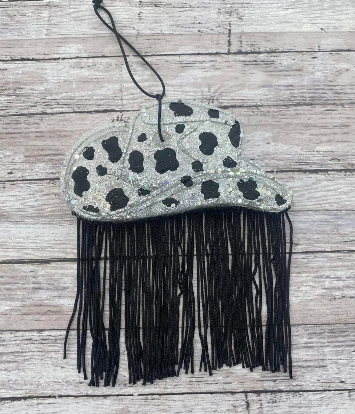 Cow Print Hat with Black Fringe - Leather & Twine Car Air Freshener - Perfect for Car, Home, and Office Decor
