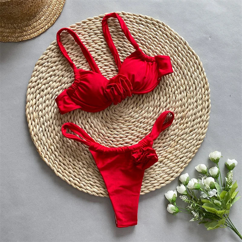 3D Flower Sexy Bandeau Bikini Set - Brazilian Bandage Swimwear for Women, Backless Two Piece Bathing Suit | Beach Vacation, Pool Party, Summer Getaway