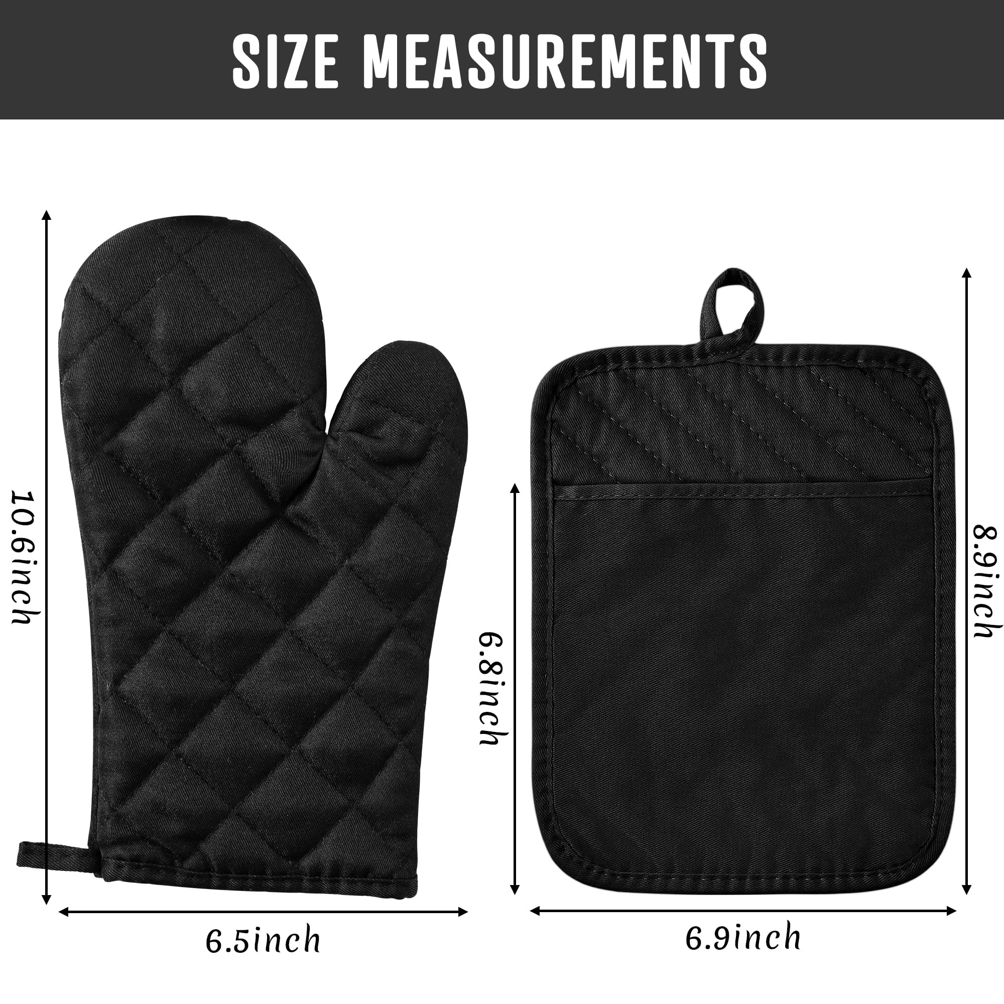 R HORSE 4-Piece Heat Resistant Oven Mitts Set with Cotton Lining - Black Kitchen Pot Holders, Cooking Gloves with Pockets & Hanging Loops - Perfect for Baking, Grilling, Roasting & Everyday Kitchen Use