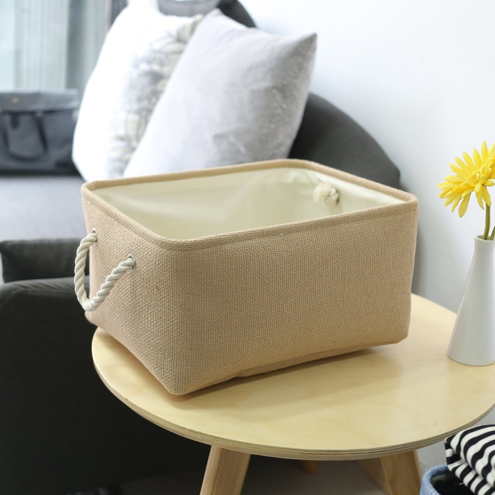 Decorative Fabric Storage Basket with Handles - Rectangular Clothes Organizer Bin for Home, Bedroom & Closet (Beige, Medium 13.8