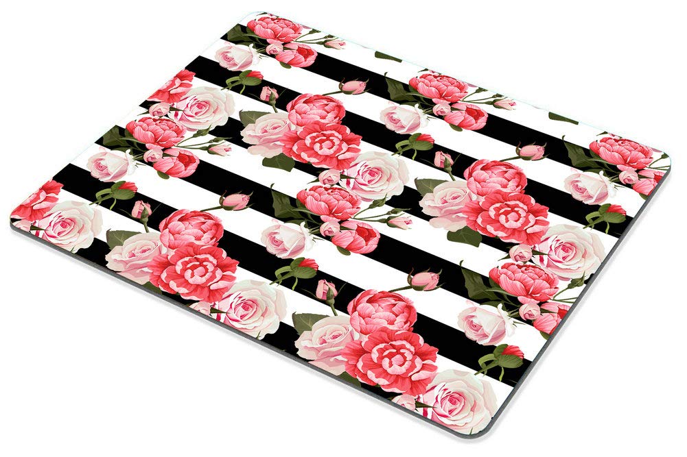 Premium Non-Slip Peony & Rose Floral Mouse Pad - Black & White Striped Gaming Mousepad for PC & Laptop - Perfect for Office, Gaming & Home Workspace Decor