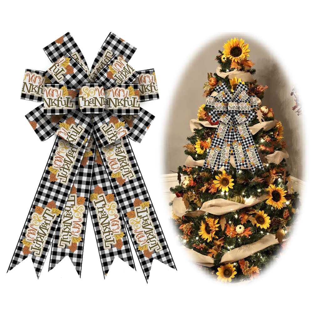 Large Thanksgiving Bows for Wreaths - Black & White Buffalo Plaid Fall Decor, Maple Leaf Harvest Bows for Front Door, Farmhouse Ornament & Burlap Tree Topper - Perfect for Indoor/Outdoor Autumn Decorations, Holiday Parties & Seasonal Home Styling