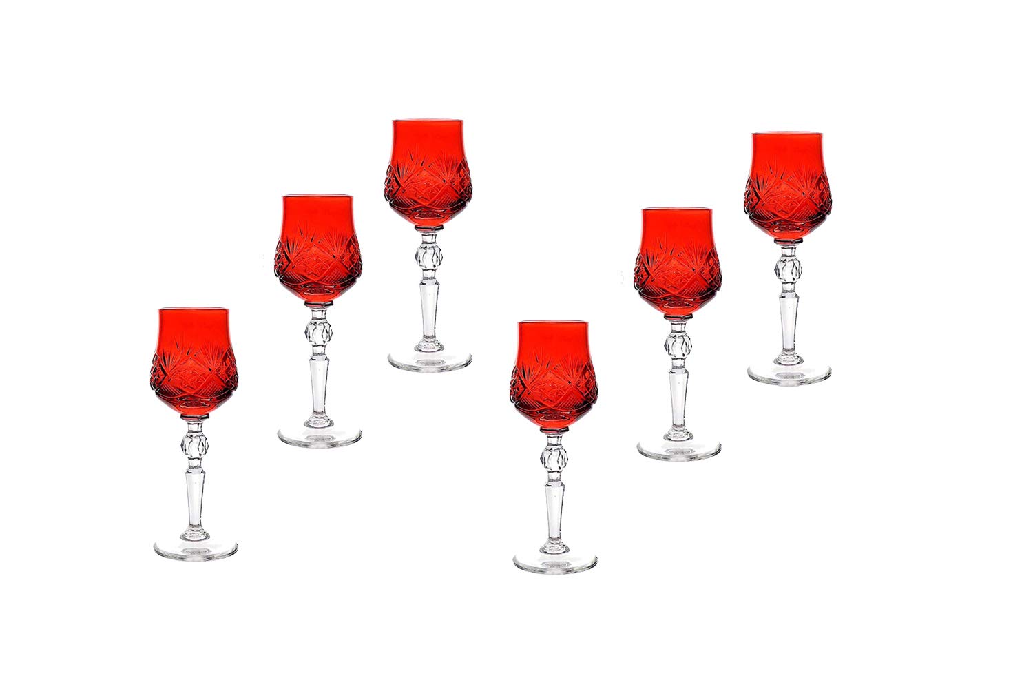 Russian Color Crystal Shot Glasses - 6-Piece Stemmed Vodka & Liquor Glass Set (Red) - Perfect for Parties, Bars, and Home Entertaining
