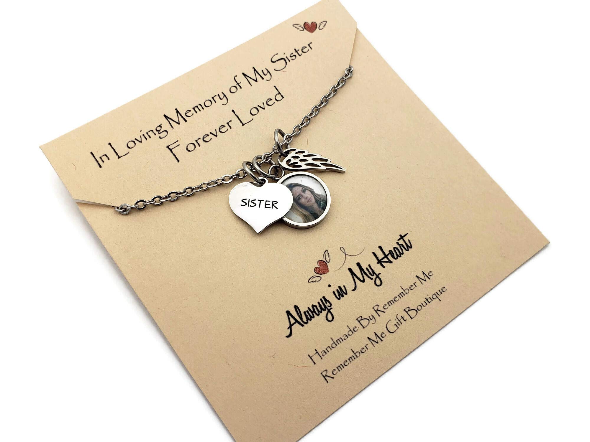 In Loving Memory Sister Memorial Necklace with Photo & Angel Wing Charm - Sympathy Gift for Loss of Sister | Thoughtful Bereavement Jewelry for Sisters in Heaven, Comforting Keepsake for Grieving Family