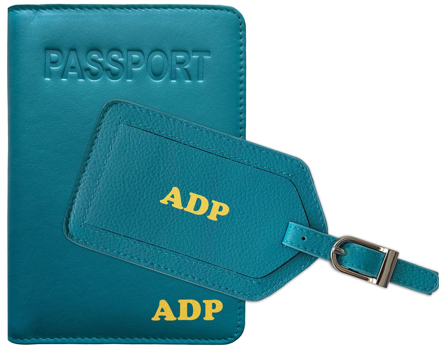 Personalized Monogrammed Teal Leather RFID Passport Cover Holder & Luggage Tag Set - Travel Essentials for International Flights, Business Trips & Vacation Security