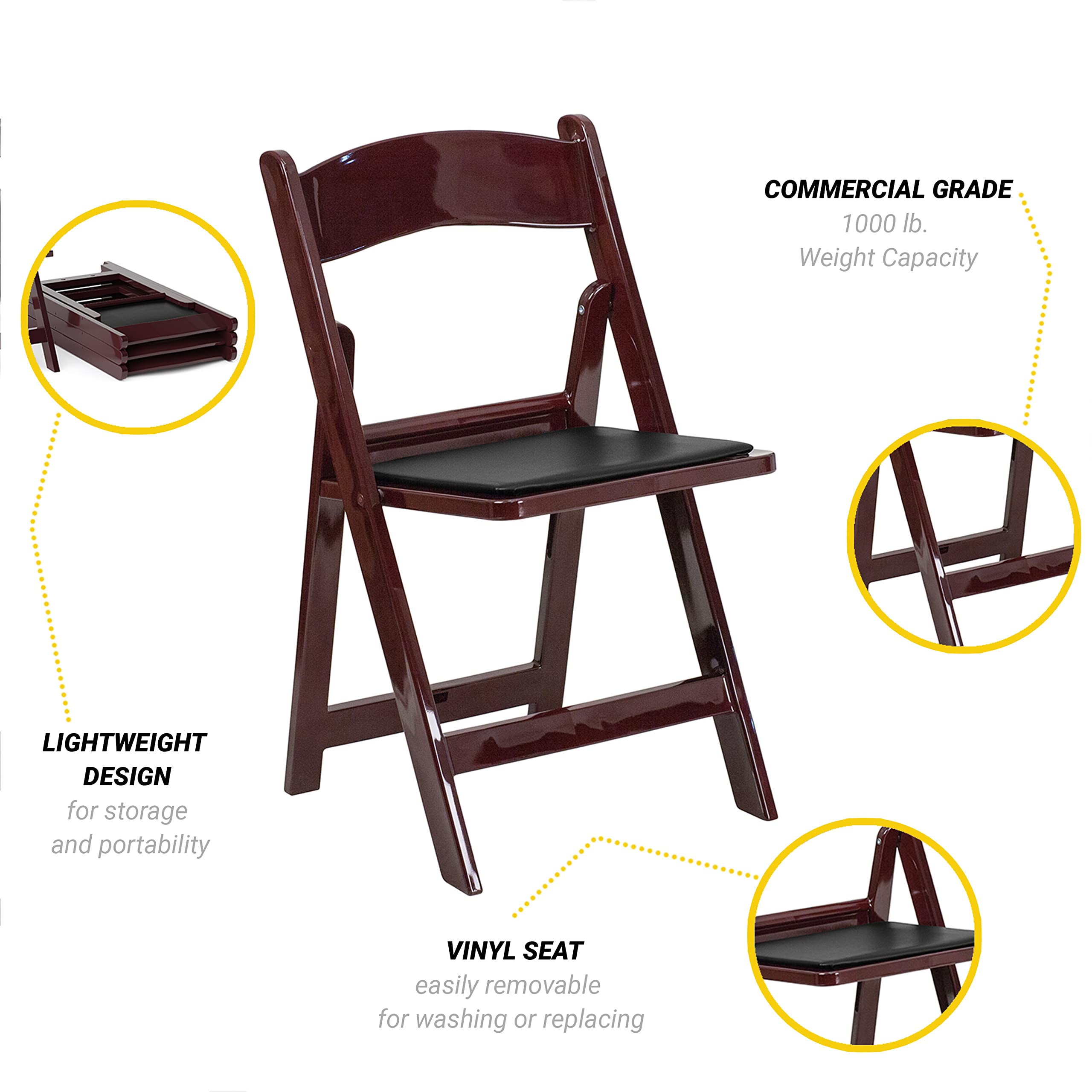 4 Pack Red Mahogany Resin Folding Chairs - Heavy Duty 1000 lbs Weight Capacity per Chair for Weddings, Parties, and Outdoor Events