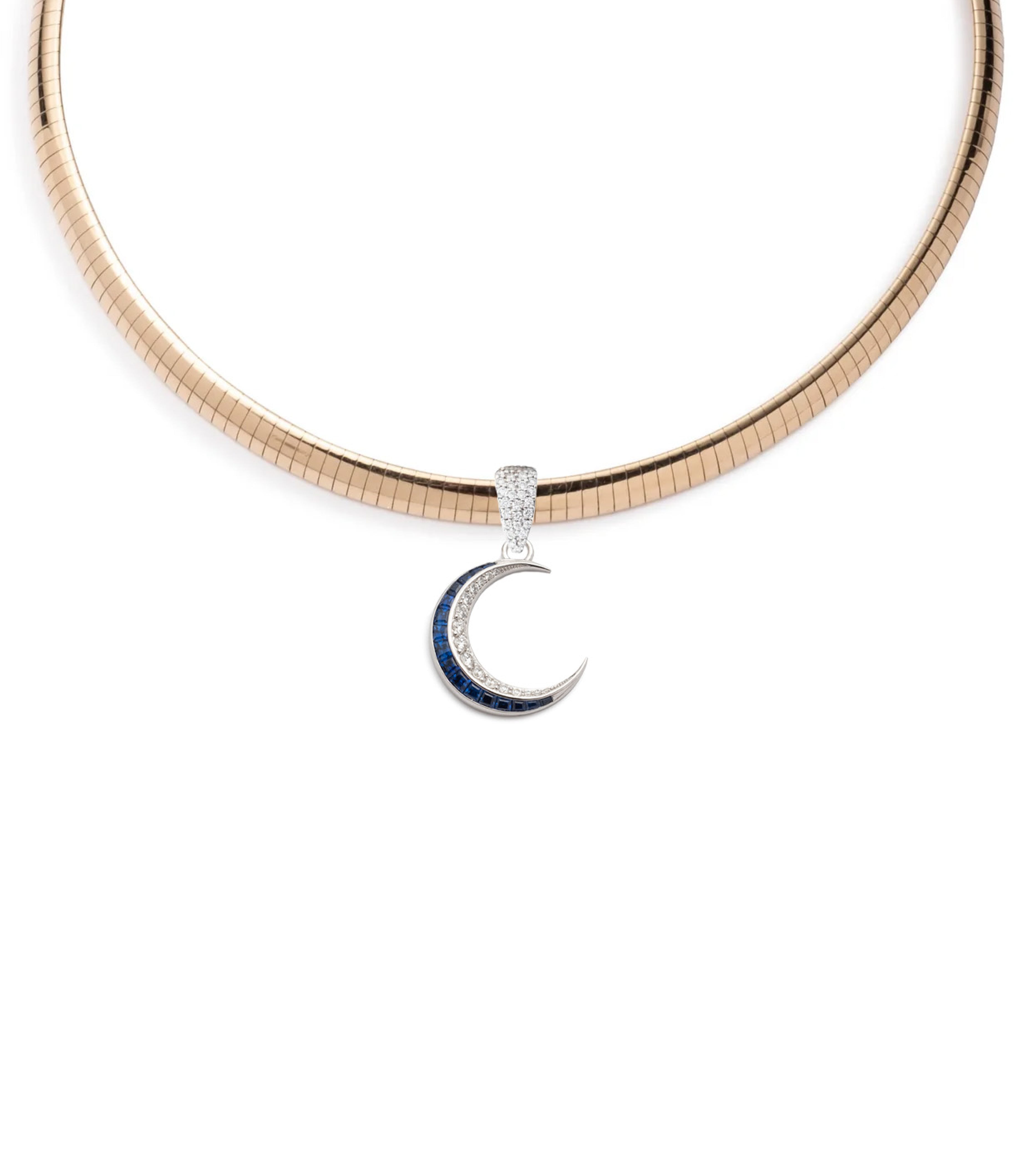 Blue Sapphire & Diamond Crescent Karma Necklace - Medium Sleek Collar for Women | Elegant Jewelry Gift for Birthday, Anniversary & Special Occasions
