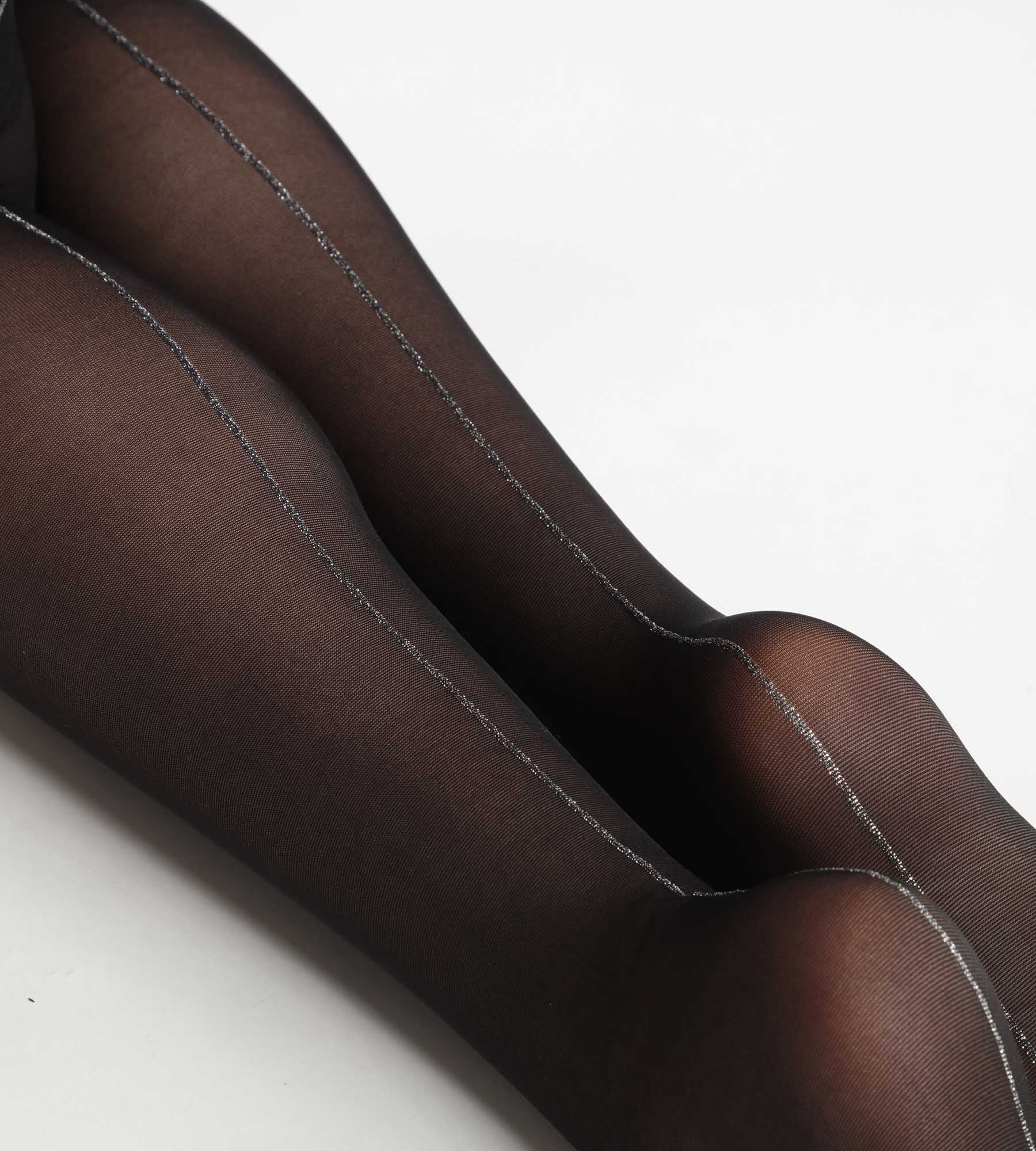Sheer Black Tights with Silver Lurex Band - Elegant & Comfortable for Evening Parties, Date Nights & Special Occasions