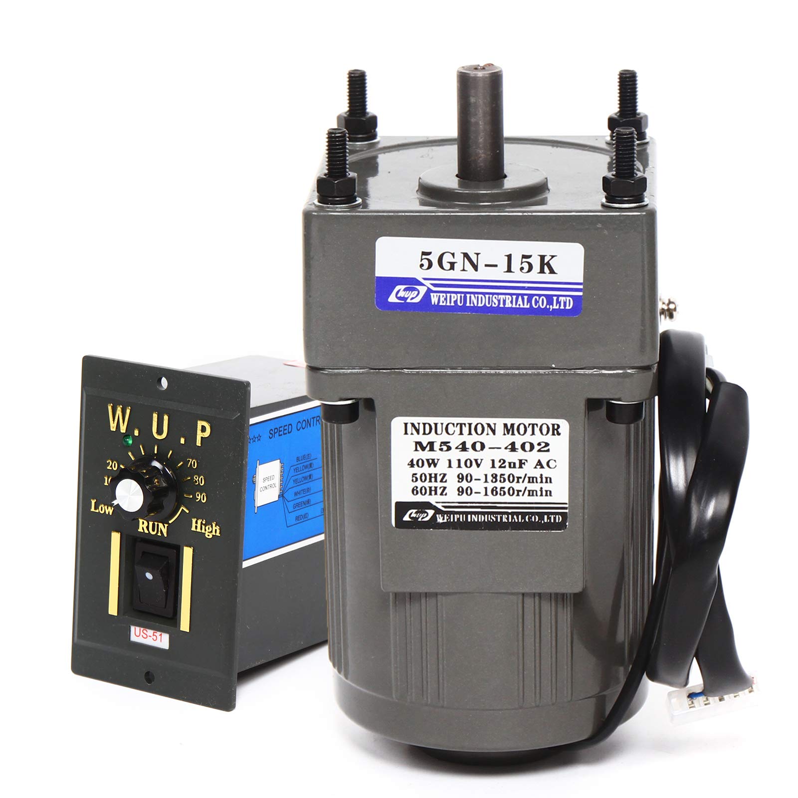 110V 40W 15K High Torque AC Gear Reduction Motor with Speed Controller (0-90 RPM Adjustable) - Single Phase Electric Gear Motor for Conveyors, Mixers & Industrial Machinery