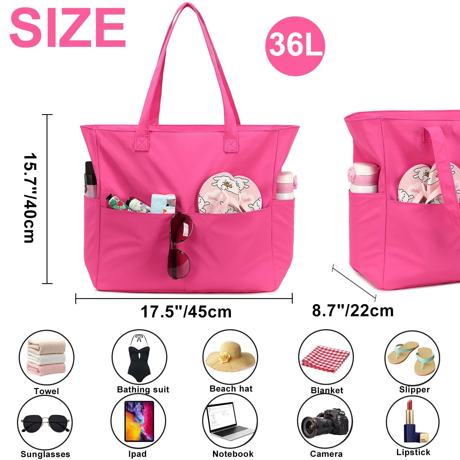 Waterproof Large Beach Tote Bag for Women - Gym, Pool & Travel Carry On Bag with Wet Compartment - Perfect for Swimming, Vacation & Weekender Trips