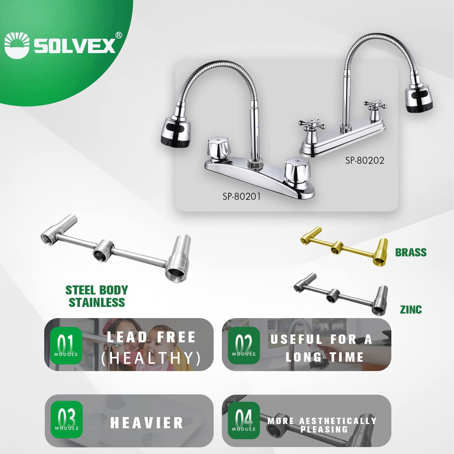 SOLVEX 2 Handle Commercial Kitchen Sink Faucet - High Arc 360° Swivel Stainless Steel 3 Hole Faucet with Flexible Spout, Modern Chrome Finish for Home & Restaurant Use (Model SP-80202) | Perfect for Washing Dishes, Food Prep & Heavy-Duty Cleaning