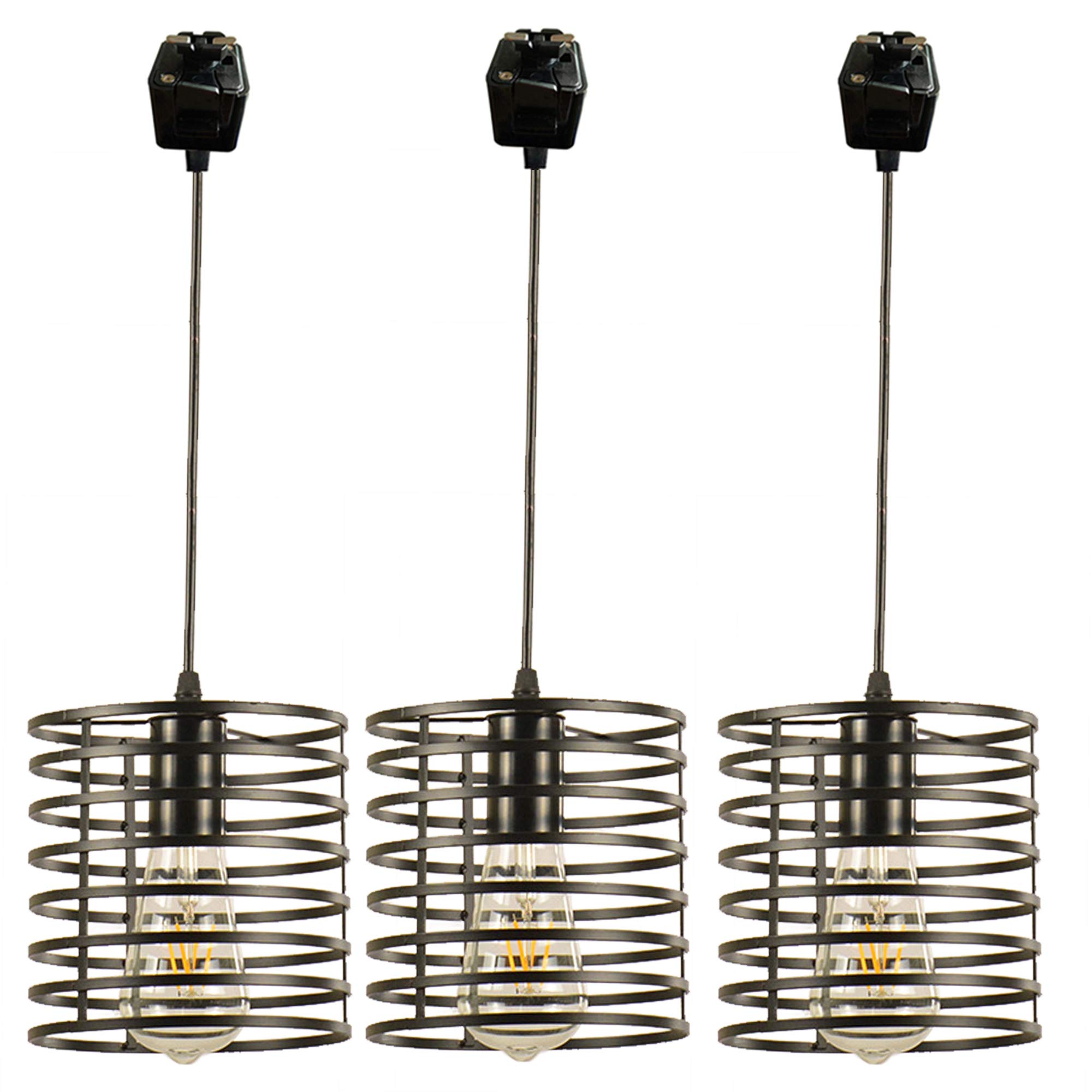 Industrial Black Cage Pendant Light - J-Type Track Lighting with Dimmable 3.2ft Cord, Iron Linear Mini Pendants for Kitchen Island (3-Lights Set, Customizable) - Perfect for Modern Farmhouse, Restaurant & Industrial Decor